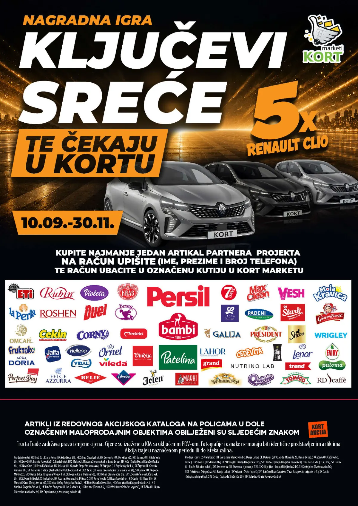 KORT katalog, stranica 24 – nagradna igra Ključevi sreće s pet automobila Renault Clio, uslovi akcije i spisak prodajnih objekata