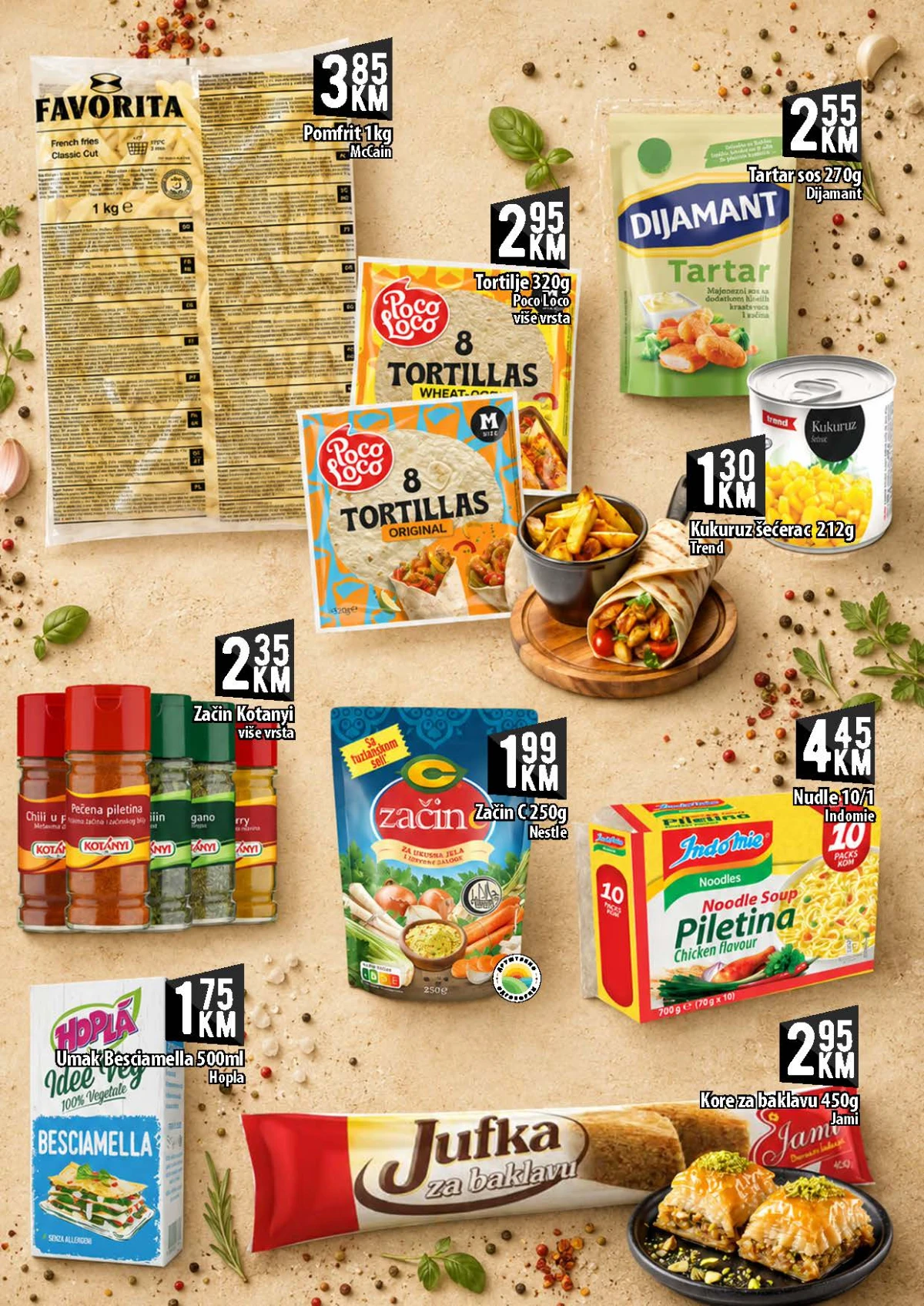 KORT katalog do 26.08.2026. – pomfrit, tortilje, nudle, začini, kukuruz i umaci