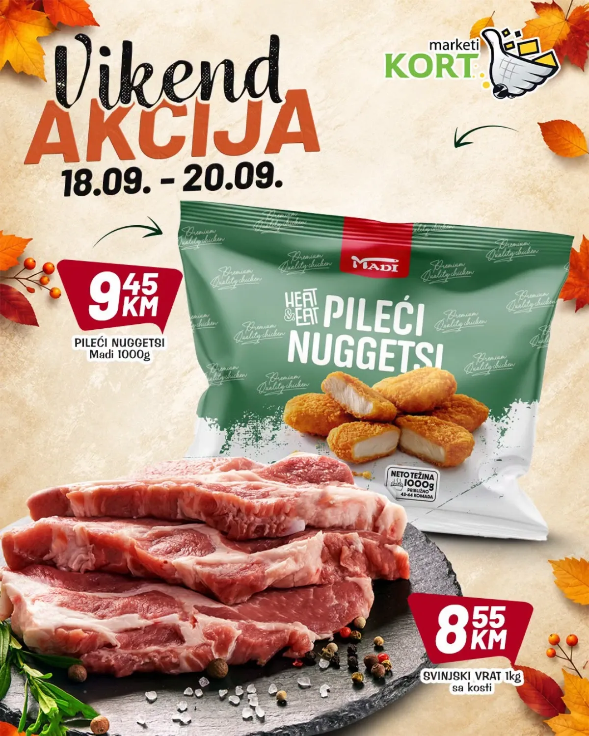 KORT vikend akcija od 18.09. do 20.09.2026. – pileći nuggets Madi i svinjski vrat s kosti po akcijskim cijenama