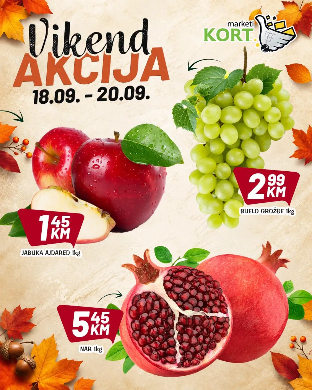 KORT vikend akcija od 18.09. do 20.09.2026. – jabuka Ajdared, bijelo grožđe i nar po akcijskim cijenama