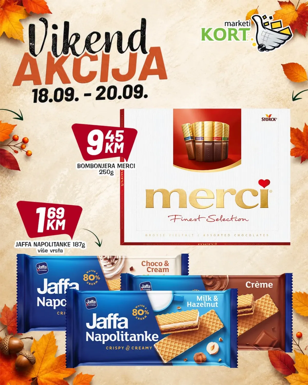 KORT vikend akcija od 18.09. do 20.09.2026. – Merci bombonjera i Jaffa napolitanke po sniženim cijenama