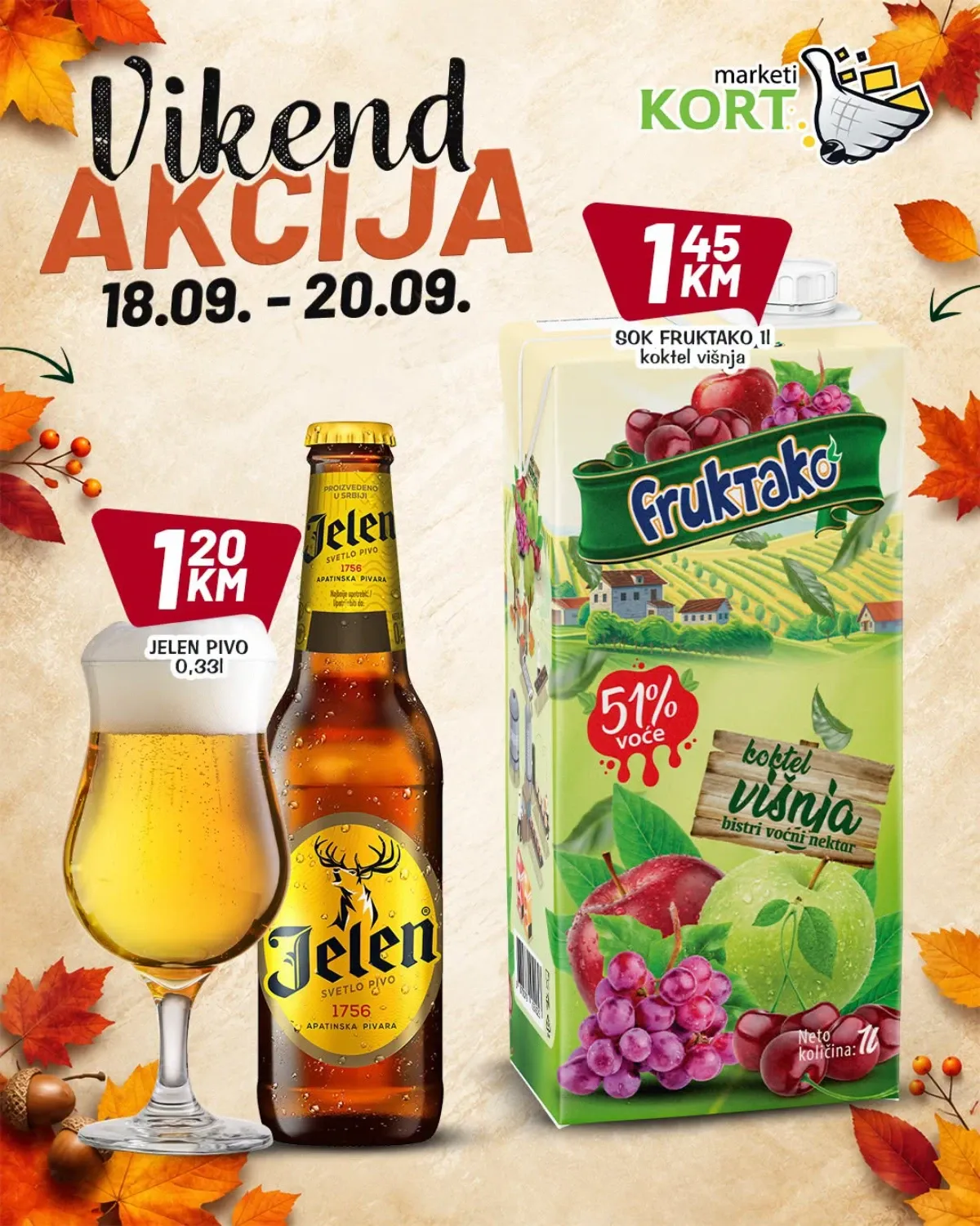 KORT vikend akcija od 18.09. do 20.09.2026. – Jelen pivo i Fruktako sok po akcijskim cijenama