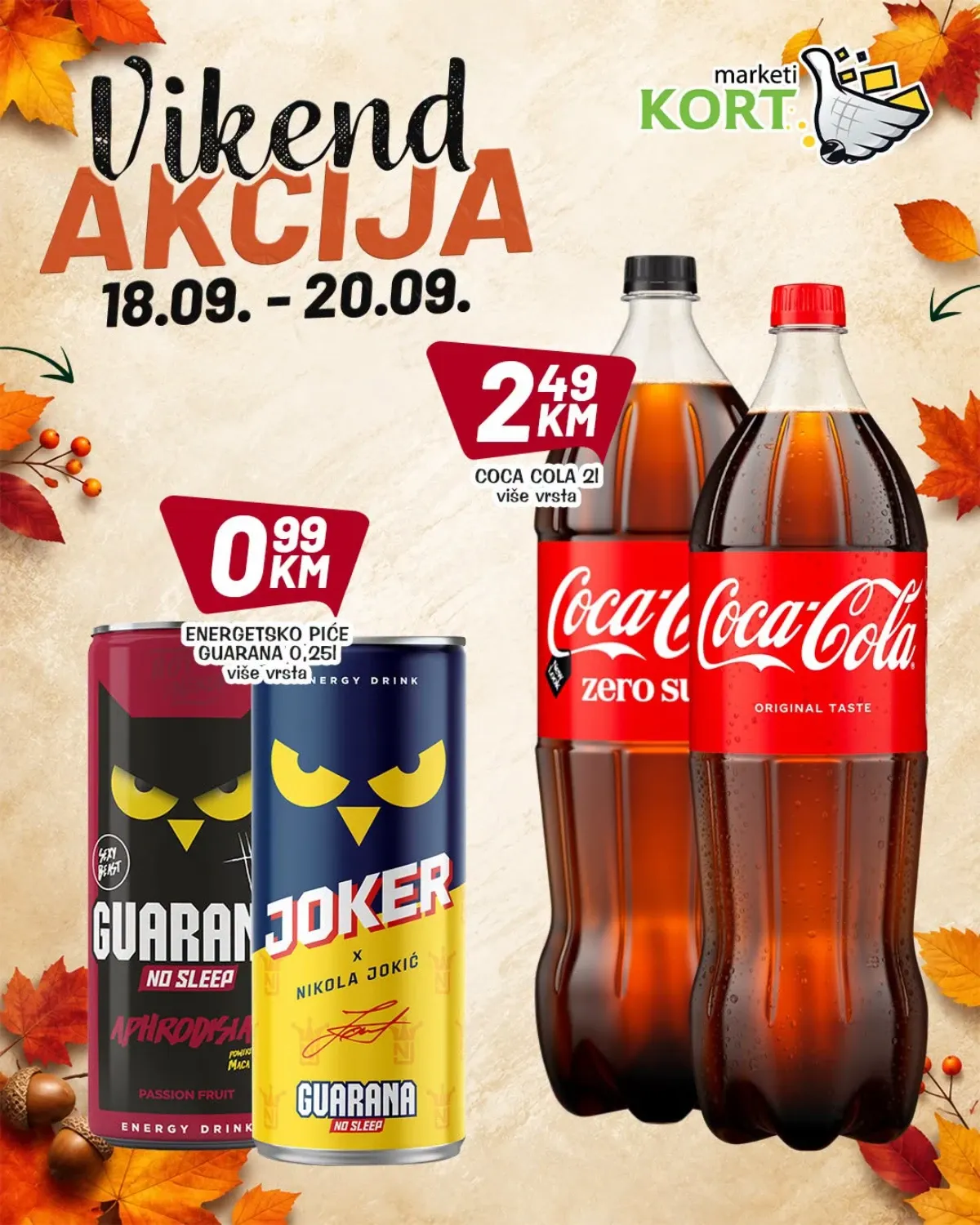 KORT vikend akcija od 18.09. do 20.09.2026. – Guarana energetsko piće i Coca-Cola 2 l po akcijskim cijenama