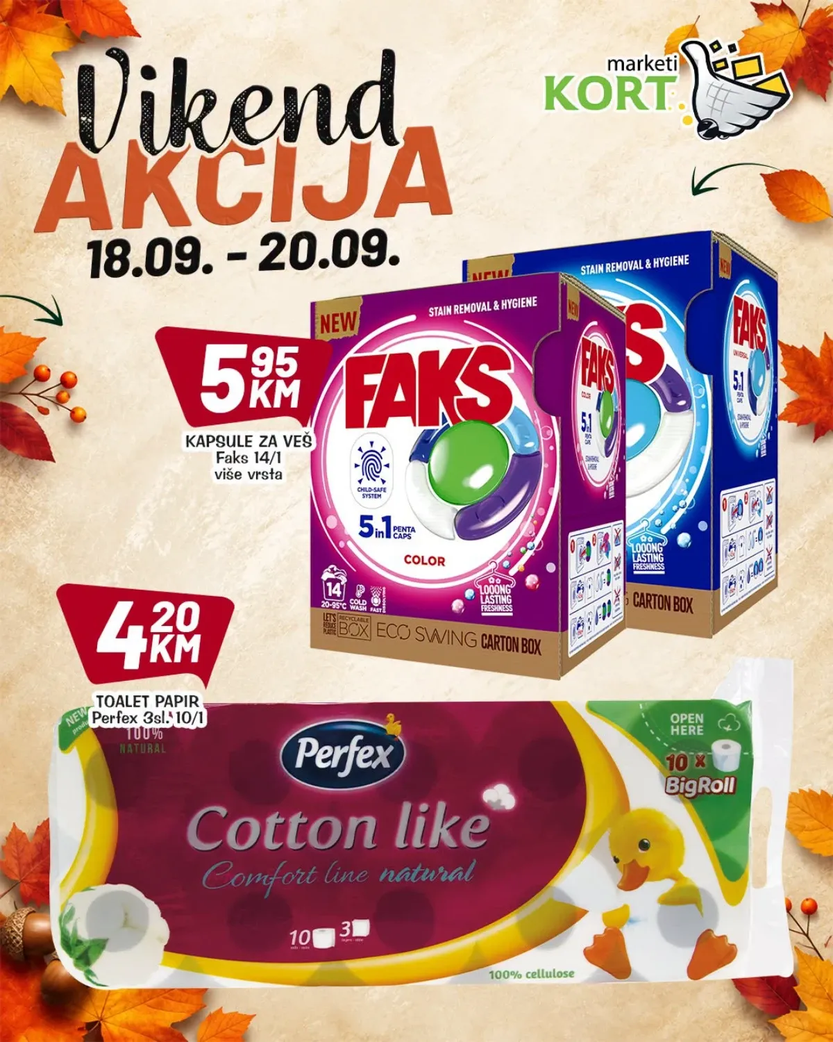 KORT vikend akcija od 18.09. do 20.09.2026. – Faks kapsule za veš i Perfex toalet papir po akcijskim cijenama