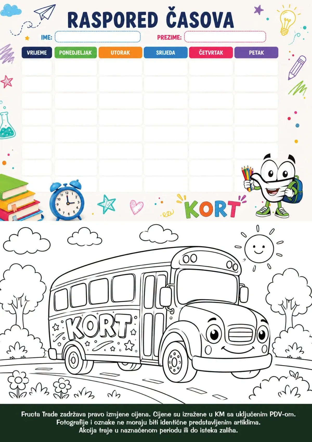 KORT školski katalog – raspored časova i bojanka za djecu