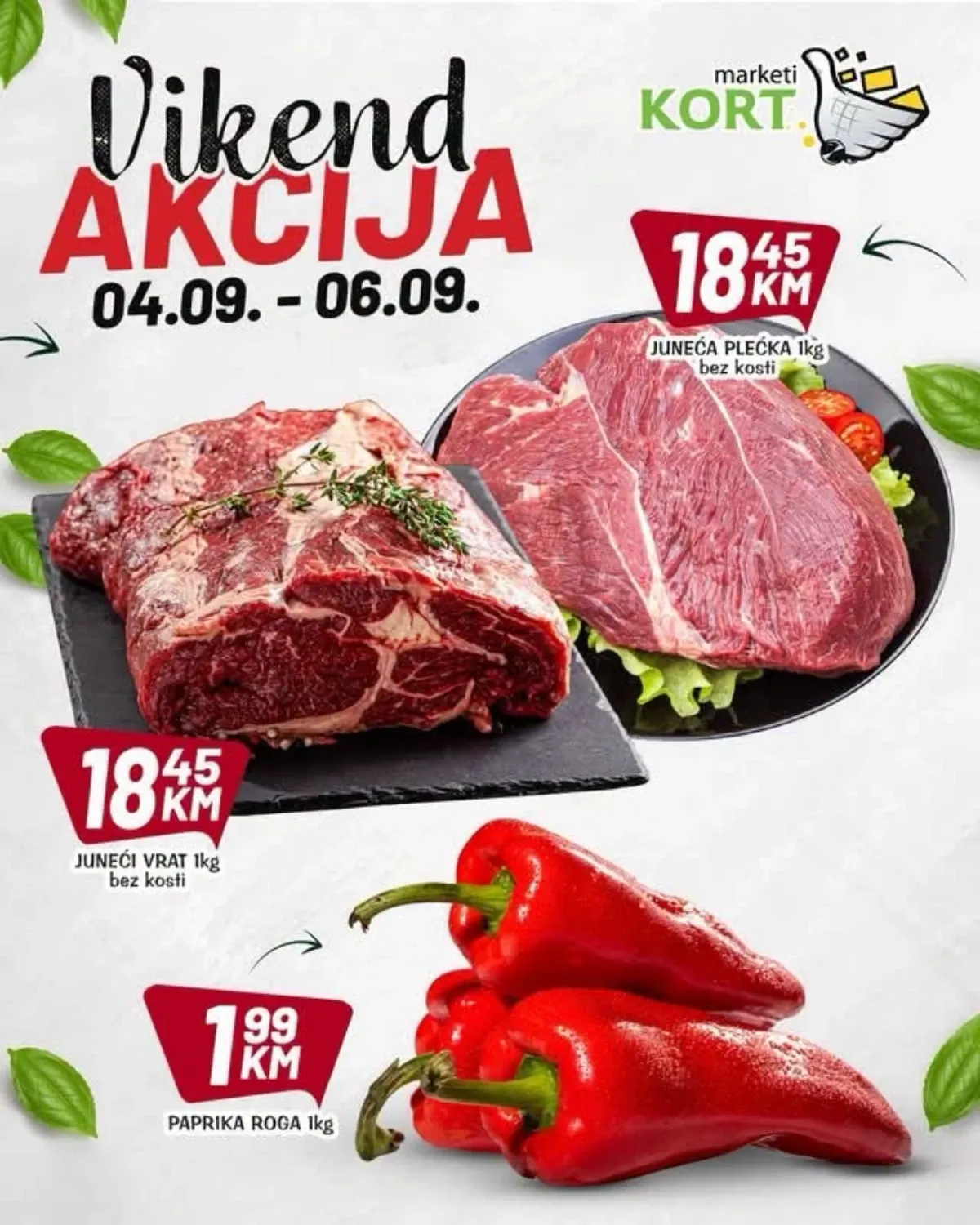 KORT vikend akcija od 04.09. do 06.09.2026. – juneći vrat i plećka bez kosti te paprika roga po akcijskim cijenama