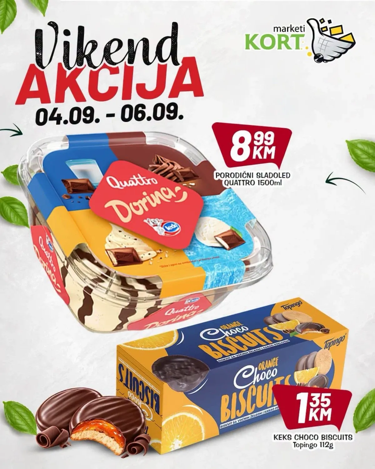 KORT vikend akcija do 06.09.2026. – Quattro porodični sladoled i Topingo Choco Biscuits