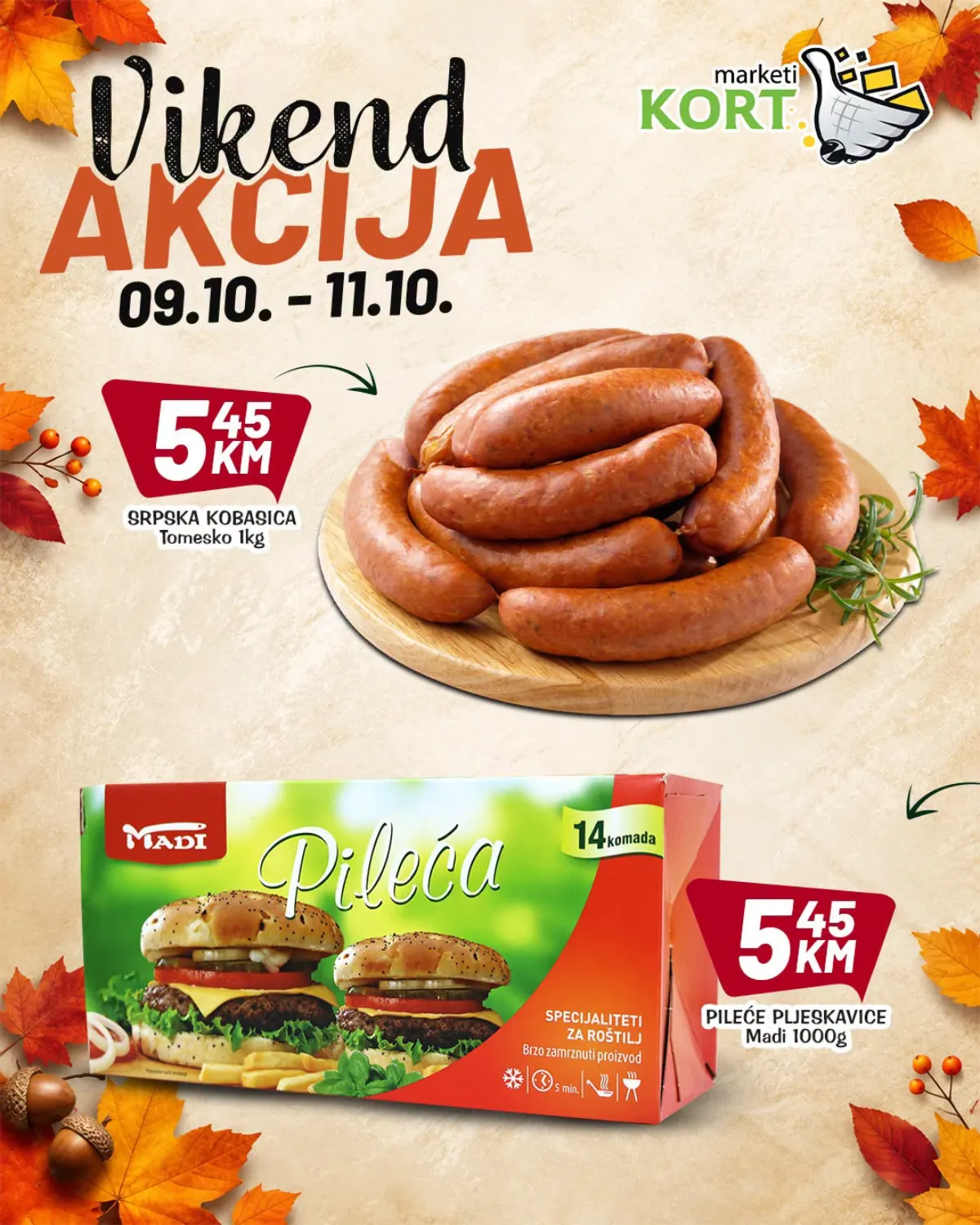 KORT vikend akcija 9–11.10.2026. – srpska kobasica Tomesko 1 kg i pileće pljeskavice Madi 1000 g po 5,45 KM
