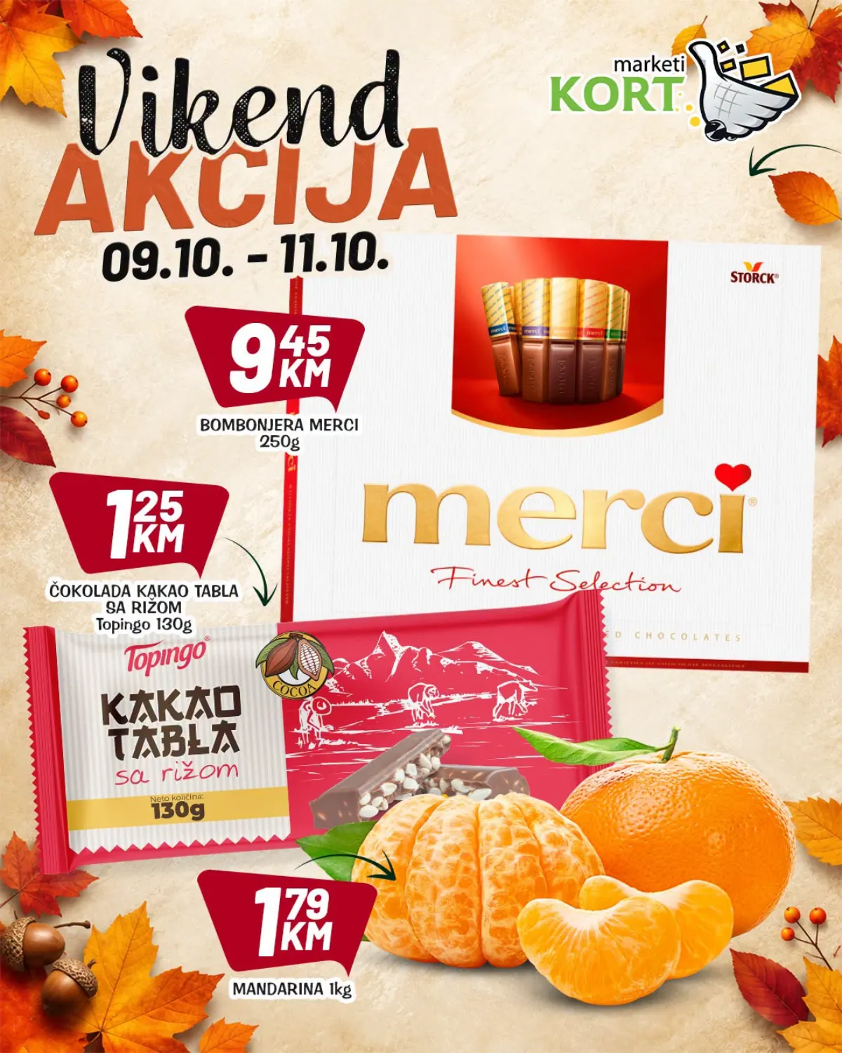KORT vikend akcija 9–11.10.2026. – Merci 250 g 9,45 KM, Topingo kakao tabla sa rižom 130 g 1,25 KM i mandarine 1,79 KM/kg