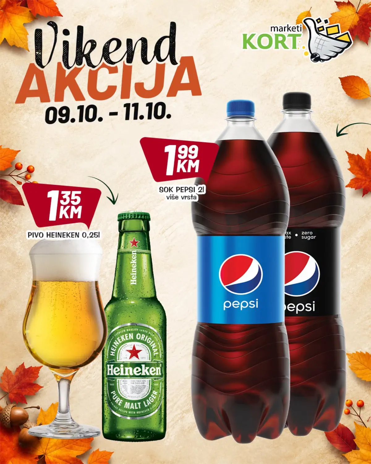 KORT vikend akcija 9–11.10.2026. – Pepsi 2 l 1,99 KM i pivo Heineken 0,25 l 1,35 KM
