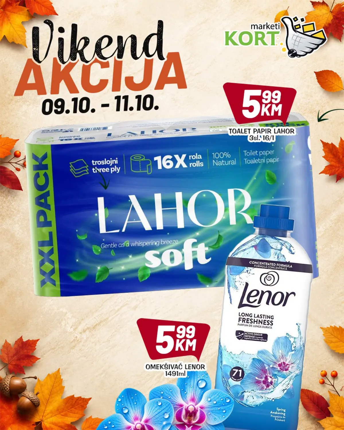 KORT vikend akcija 9–11.10.2026. – troslojni toaletni papir Lahor 16 rola i omekšivač Lenor 1491 ml po 5,99 KM