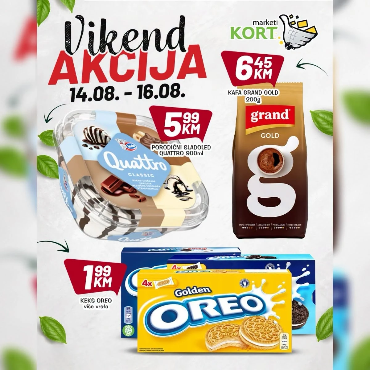KORT vikend akcija do 16.08.2026. – Grand Gold kafa, Quattro sladoled i Oreo keks