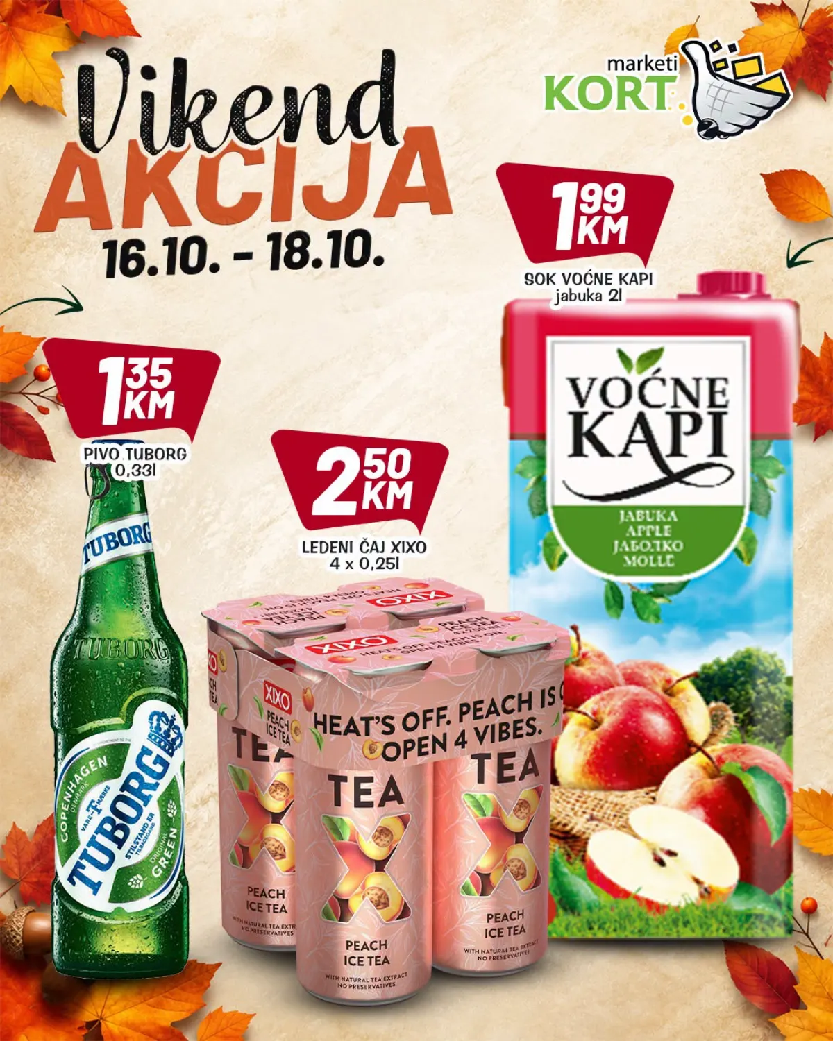 KORT vikend akcija 16–18.10.2026. – Tuborg pivo 0,33 l za 1,35 KM, ledeni čaj 4 x 0,25 l za 2,50 KM i Voćne kapi sok