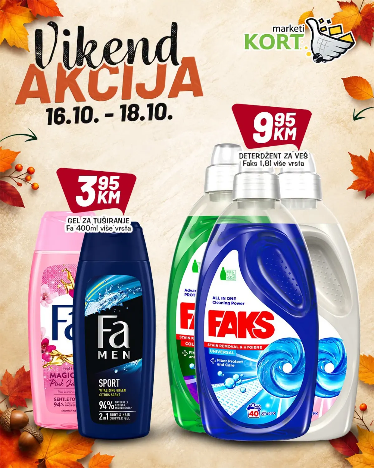 KORT vikend akcija 16–18.10.2026. – FA gel za tuširanje 400 ml za 3,85 KM i Faks deterdžent za veš za 9,95 KM