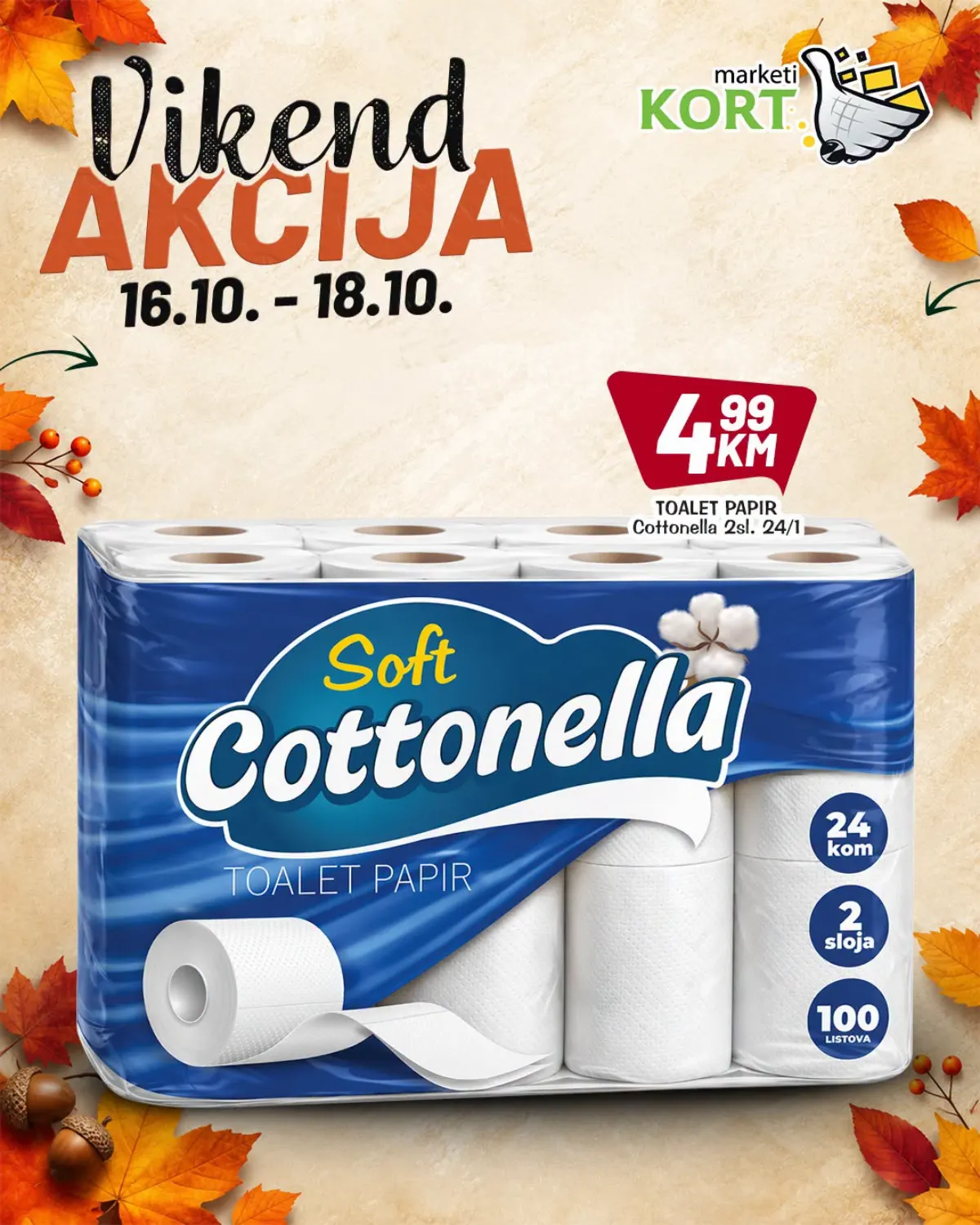 KORT vikend akcija 16–18.10.2026. – Cottonella Soft toaletni papir 24 rolne za 4,99 KM
