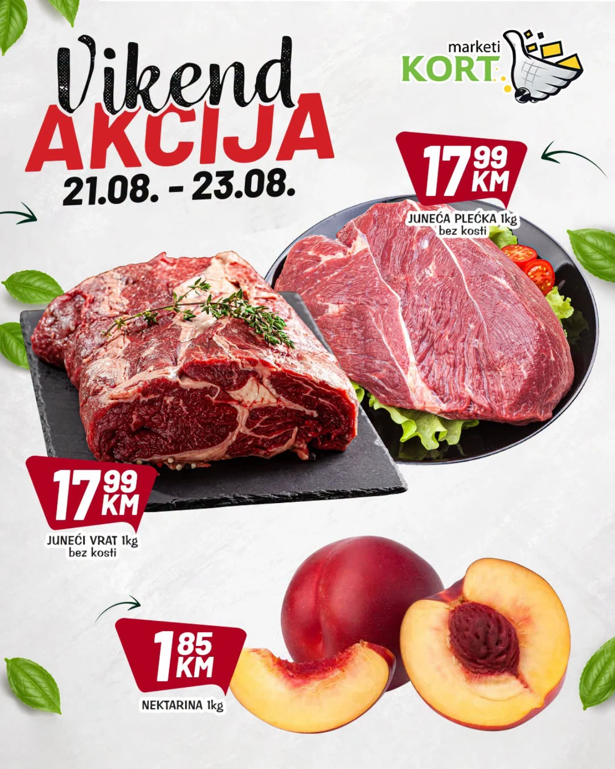 KORT vikend akcija od 21.08. do 23.08.2026. – juneći vrat, juneća plećka i nektarine po akcijskim cijenama