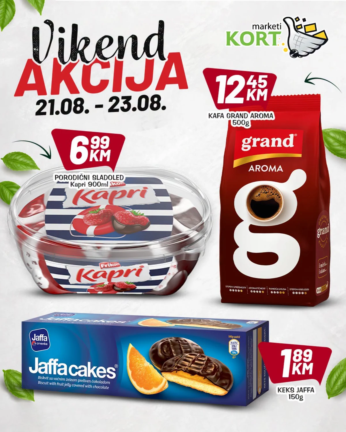 KORT vikend akcija do 23.08.2026. – Kapri sladoled, Grand Aroma kafa i Jaffa Cakes