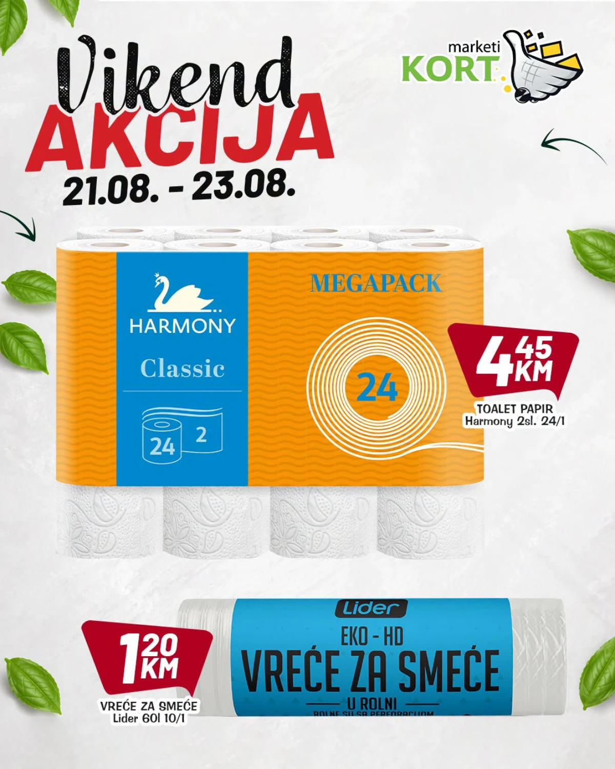 KORT vikend akcija do 23.08.2026. – Harmony toaletni papir i Lider vreće za smeće