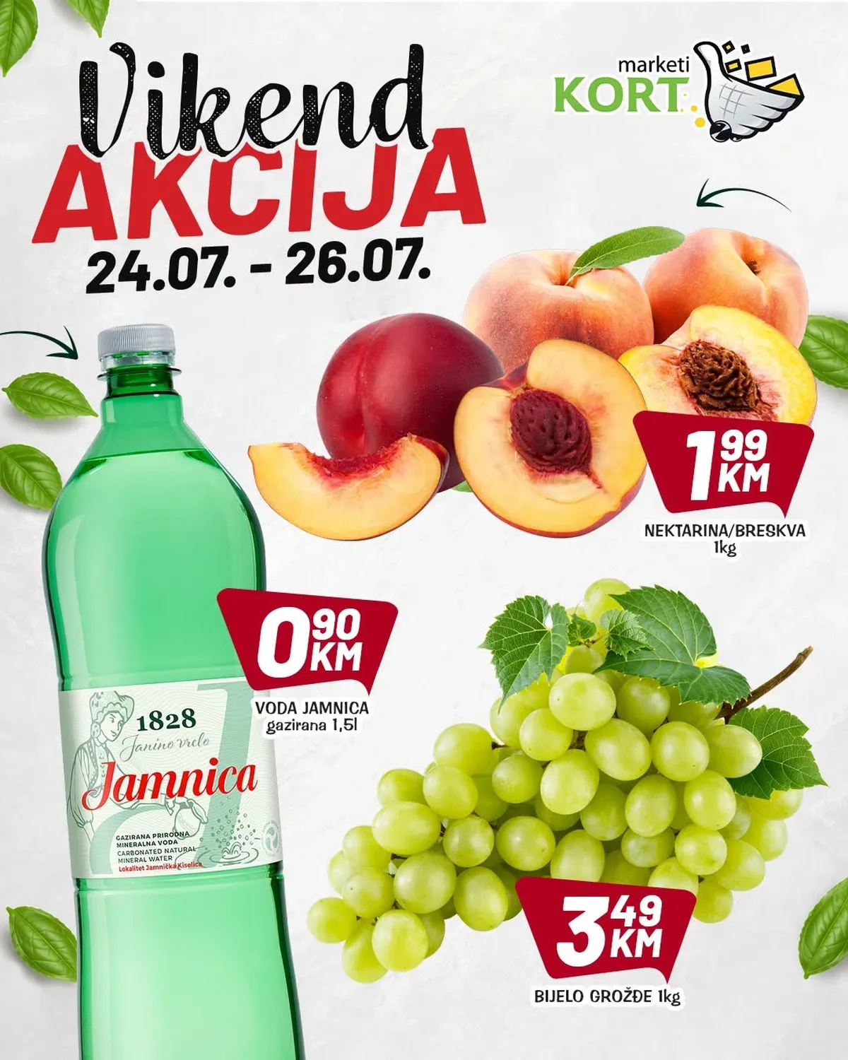 Kort Market vikend akcija do 26.07.2026. – Jamnica, breskve, nektarine i bijelo grožđe po sniženim cijenama