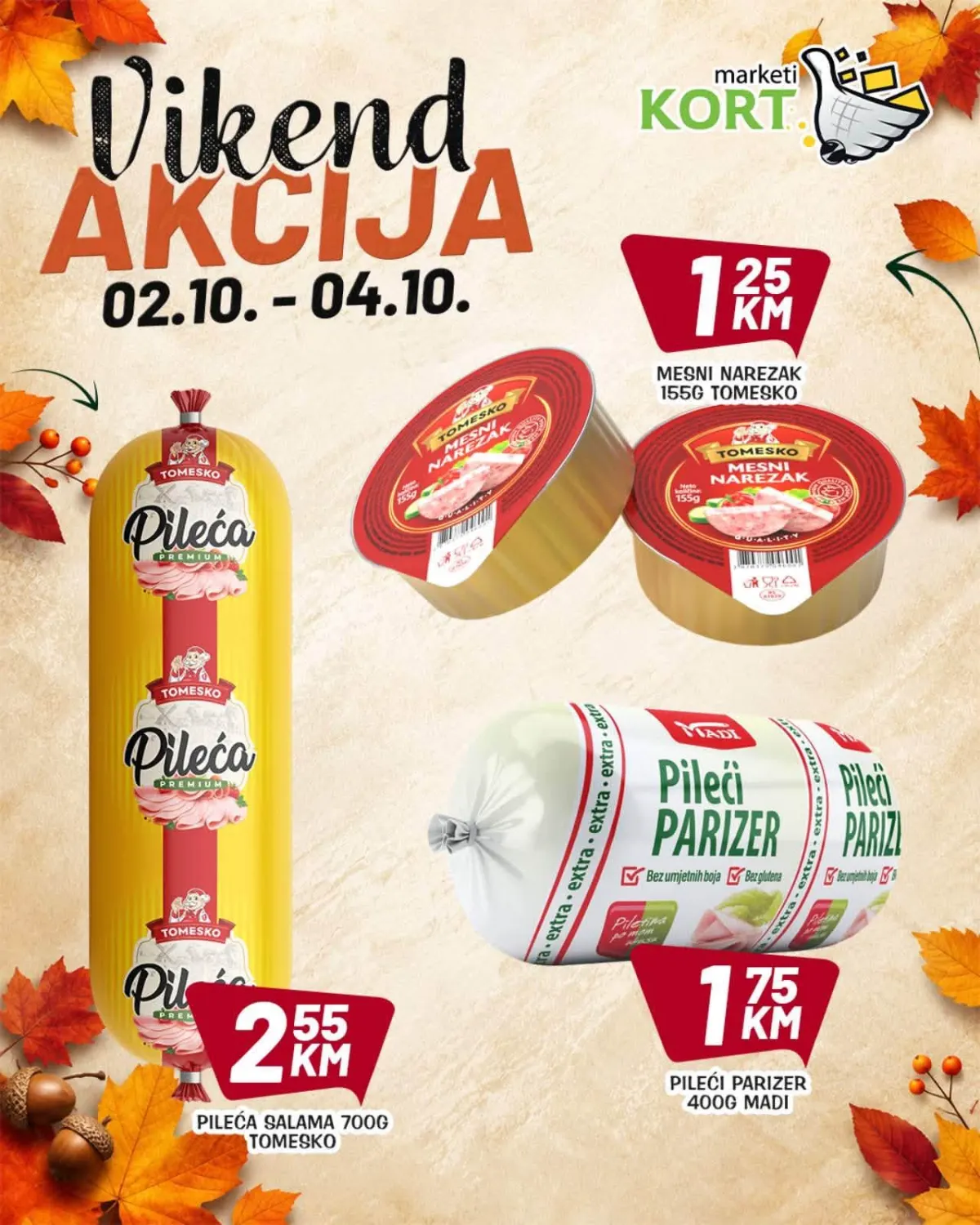 KORT vikend akcija 02–04.10.2026. – pileća salama, mesni narezak i pileći parizer po sniženim cijenama
