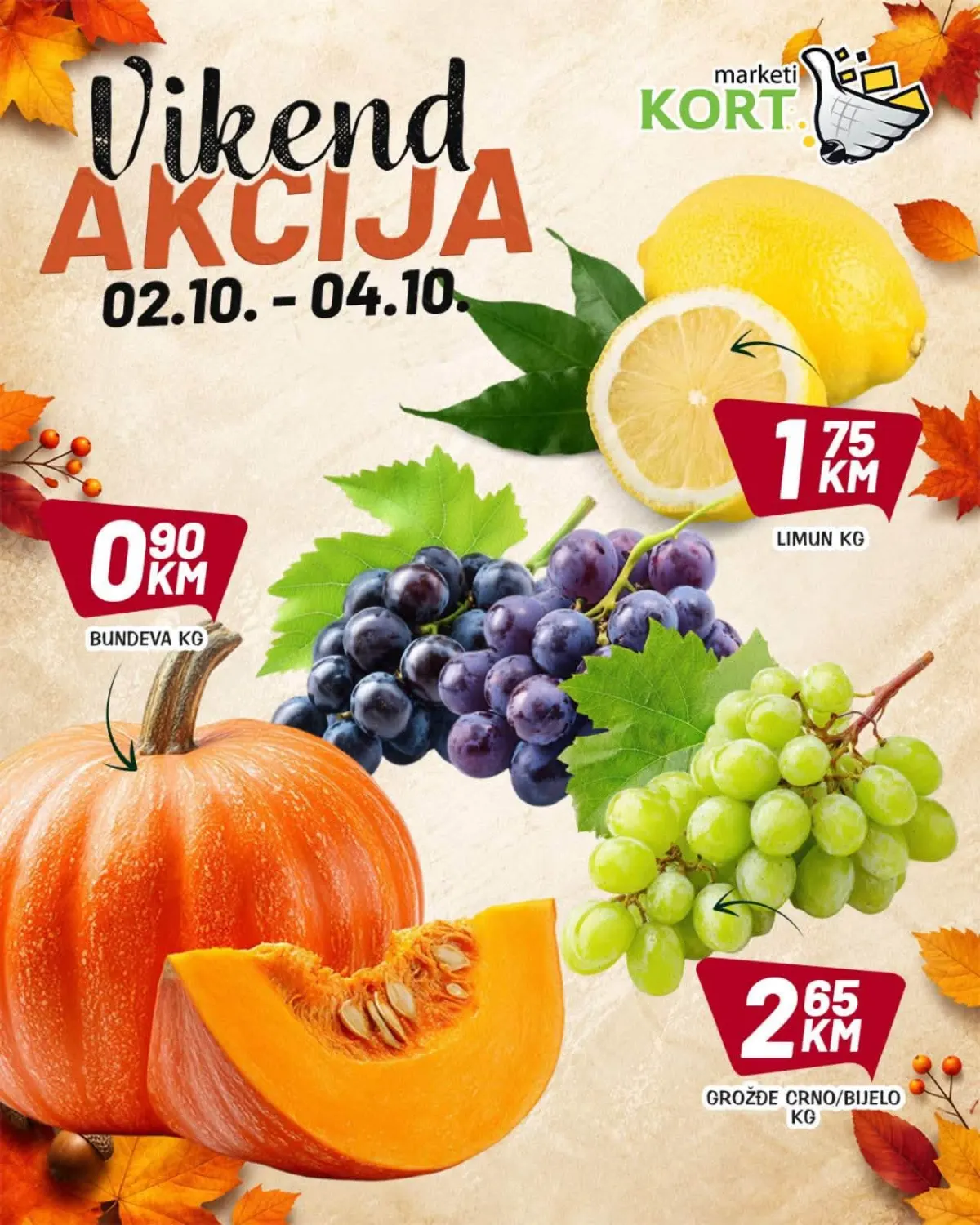 KORT vikend akcija 02–04.10.2026. – bundeva, limun i grožđe po akcijskim cijenama