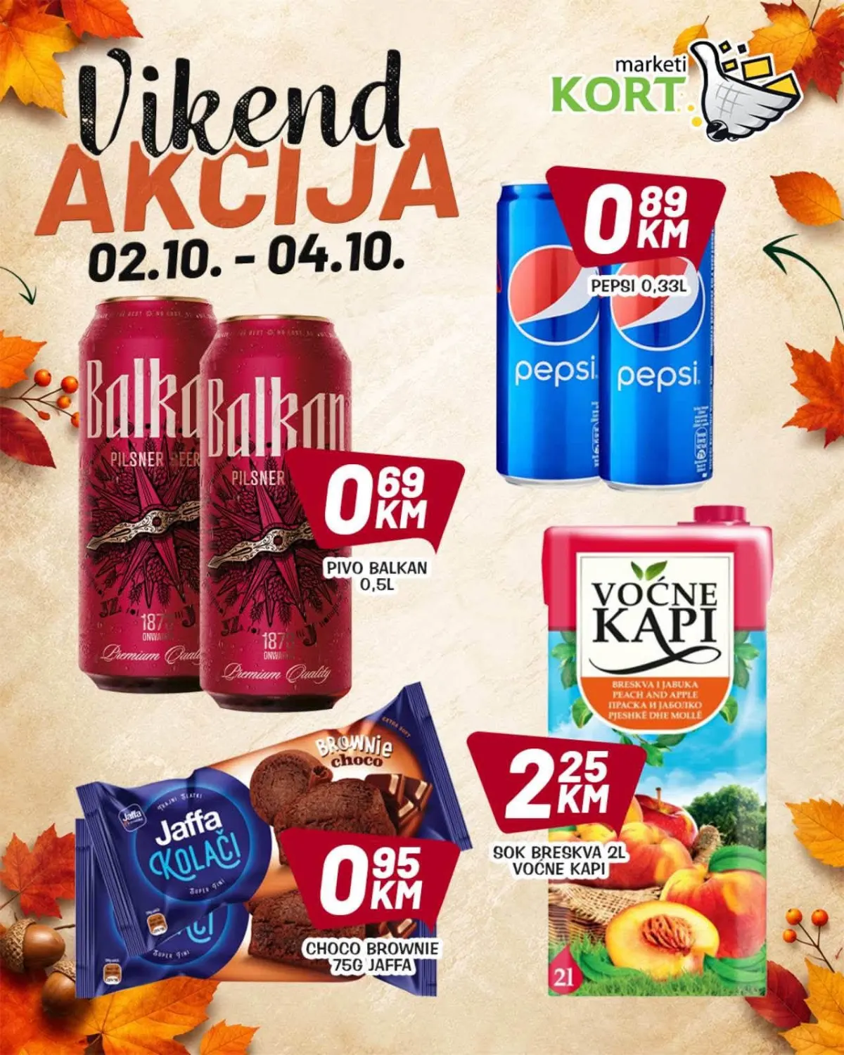 KORT vikend akcija 02–04.10.2026. – Balkan pivo, Pepsi, Jaffa brownie i Voćne kapi sok po akcijskim cijenama