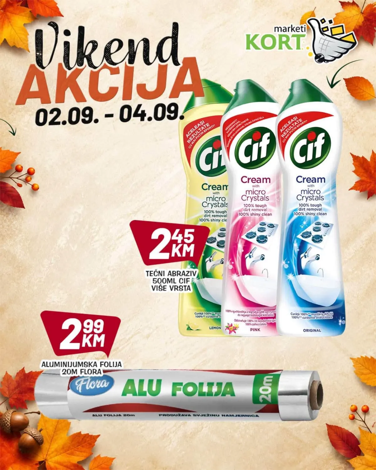 KORT vikend akcija 02–04.10.2026. – Cif tečni abraziv i Flora aluminijska folija po akcijskim cijenama