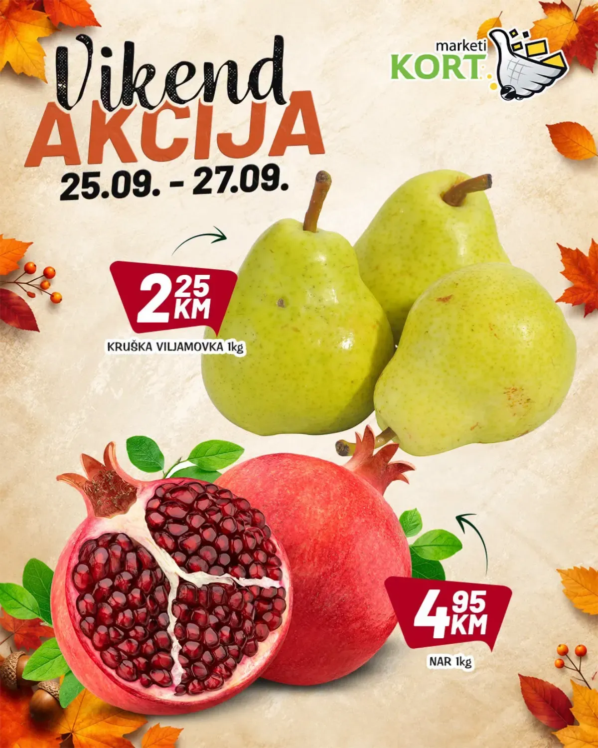 KORT vikend akcija do 27.09.2026. – kruška viljamovka i nar po akcijskim cijenama
