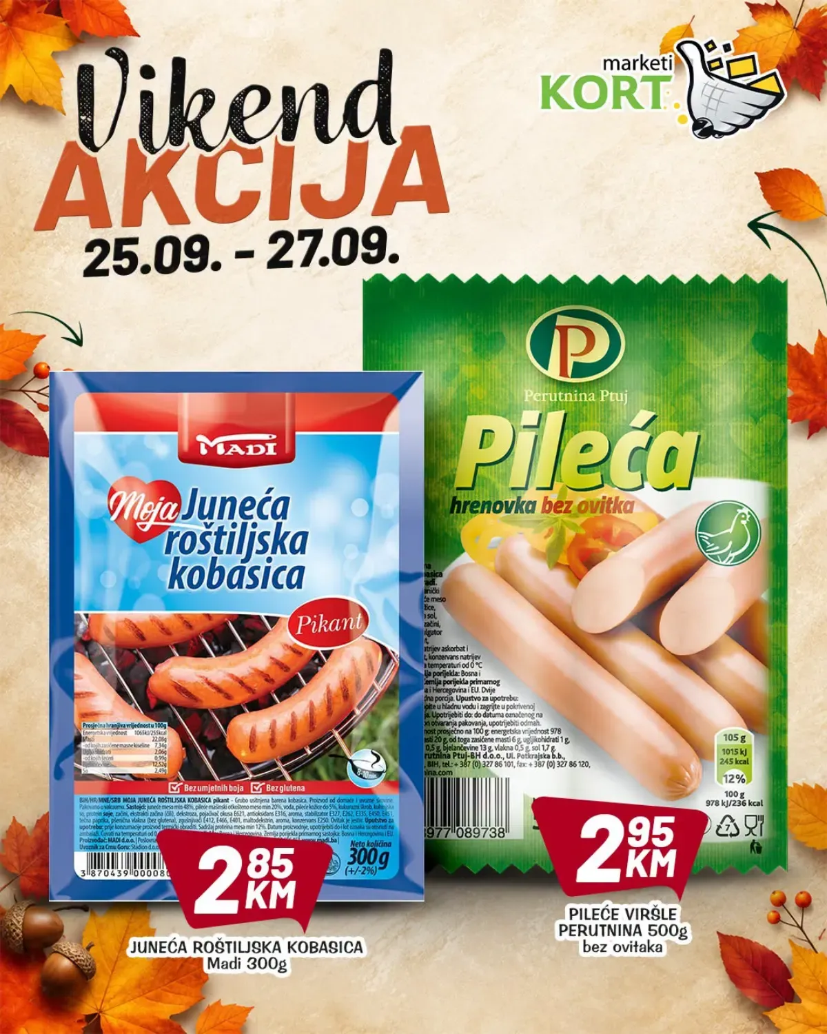 KORT vikend akcija do 27.09.2026. – Madi juneća roštiljska kobasica i Perutnina Ptuj pileće viršle