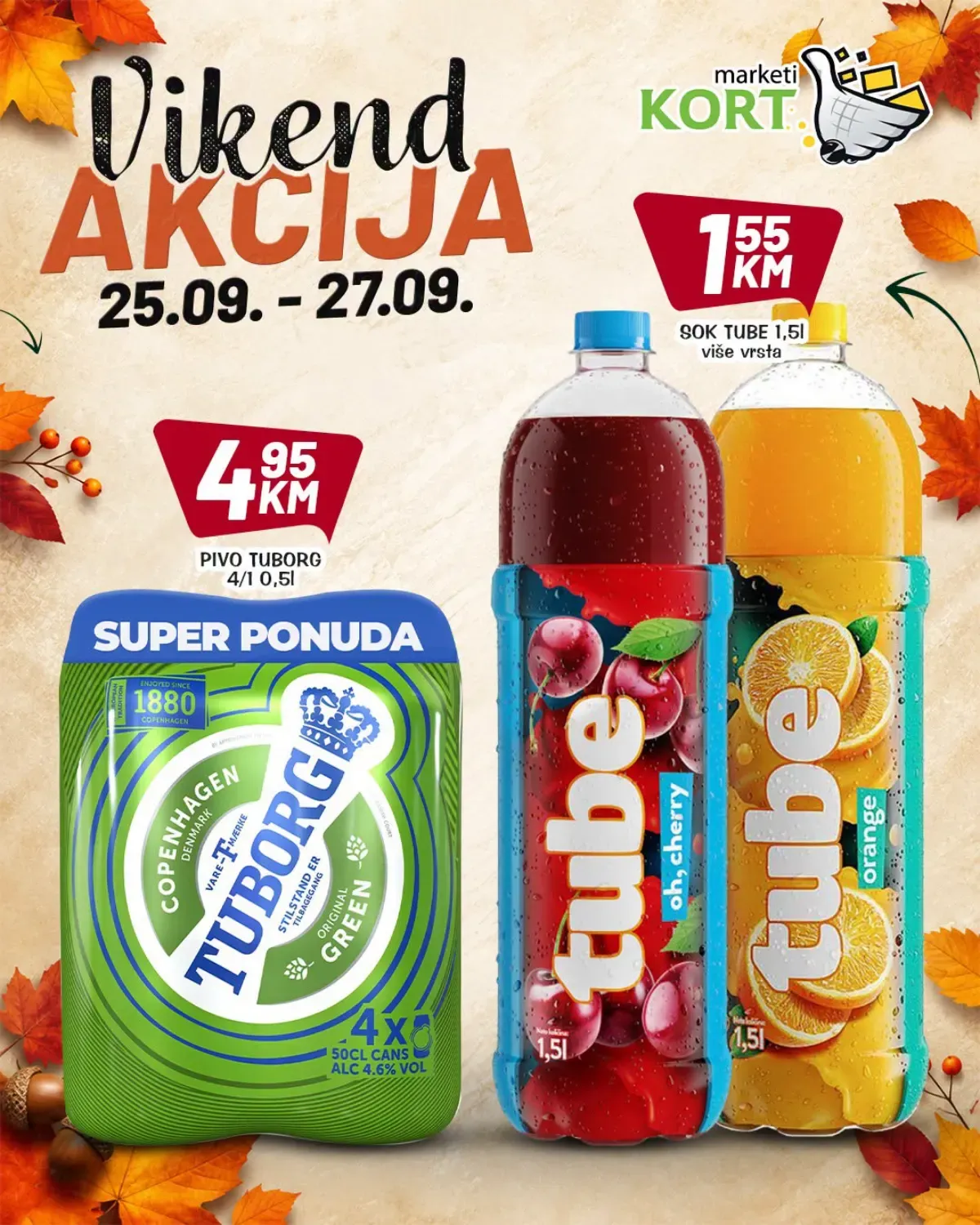 KORT vikend akcija do 27.09.2026. – Tuborg pivo i Tube sokovi po akcijskim cijenama