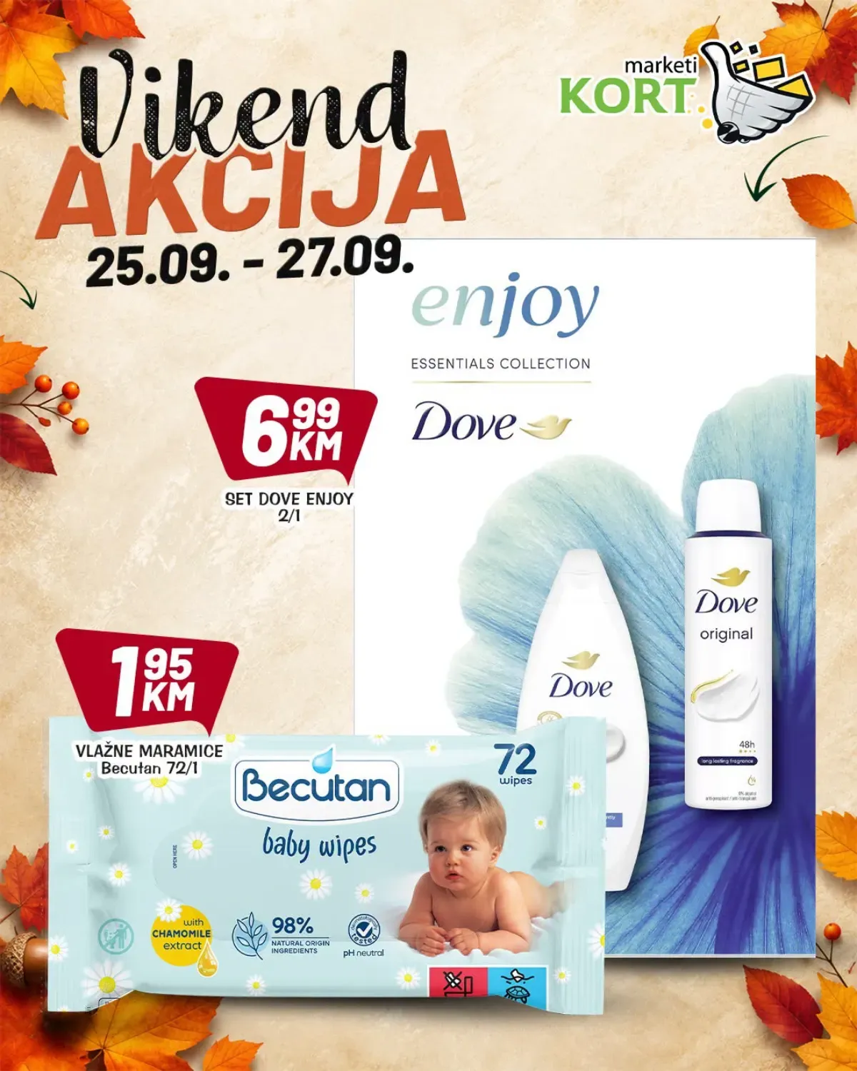 KORT vikend akcija do 27.09.2026. – Dove Enjoy set i Becutan vlažne maramice