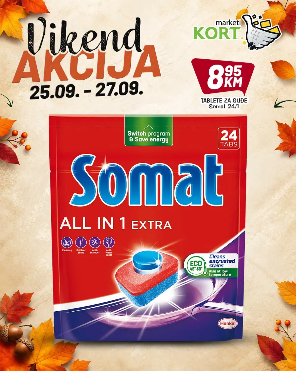 KORT vikend akcija do 27.09.2026. – Somat All in 1 Extra tablete za suđe 24 komada