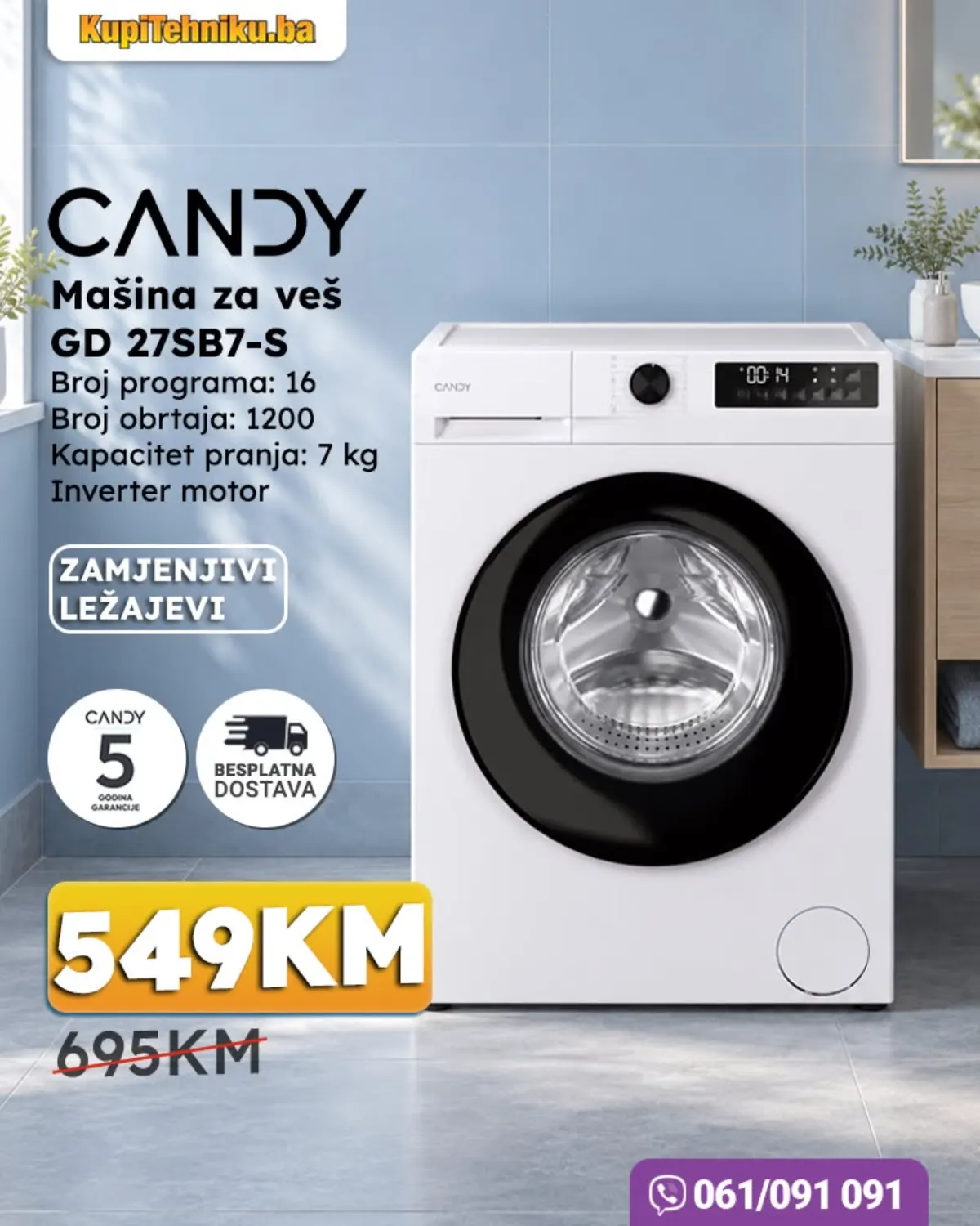 KupiTehniku Candy GD 27SB7-S veš mašina kapaciteta 7 kg, 1200 obrtaja i inverter motor za 549 KM uz 5 godina garancije i besplatnu dostavu