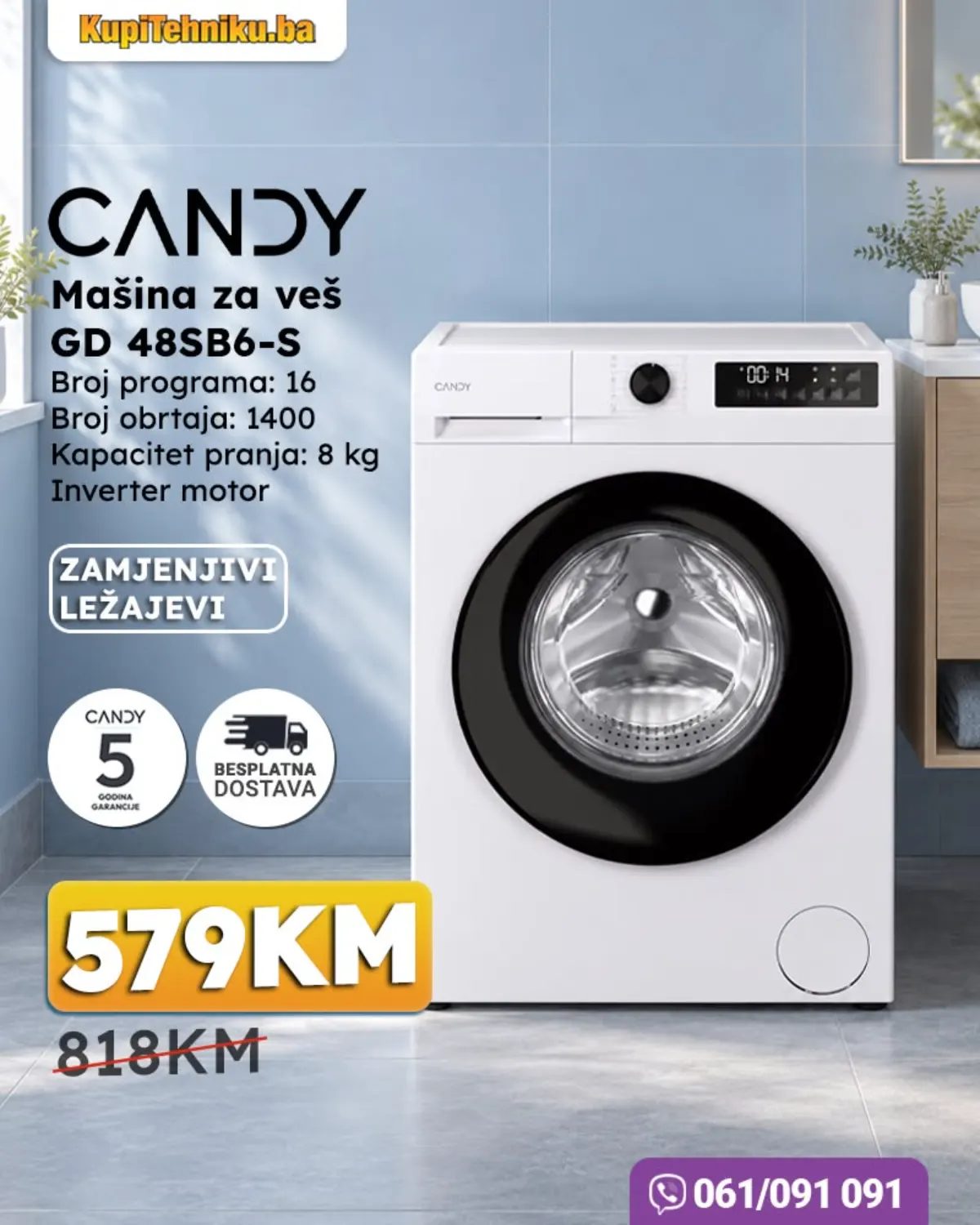 Candy GD 48SB6-S veš mašina kapaciteta 8 kg, 1400 obrtaja i inverter motor na akciji za 579 KM