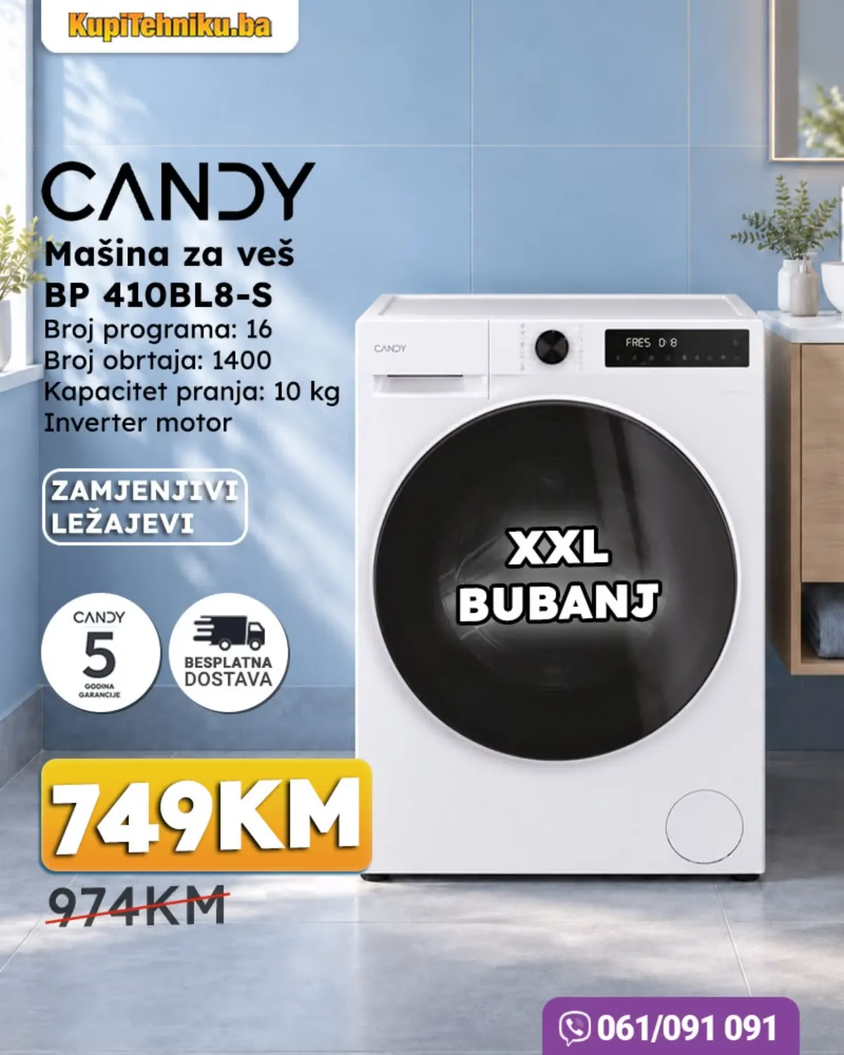 Candy BP 410BL8-S veš mašina kapaciteta 10 kg sa XXL bubnjem, 1400 obrtaja i inverter motorom za 749 KM