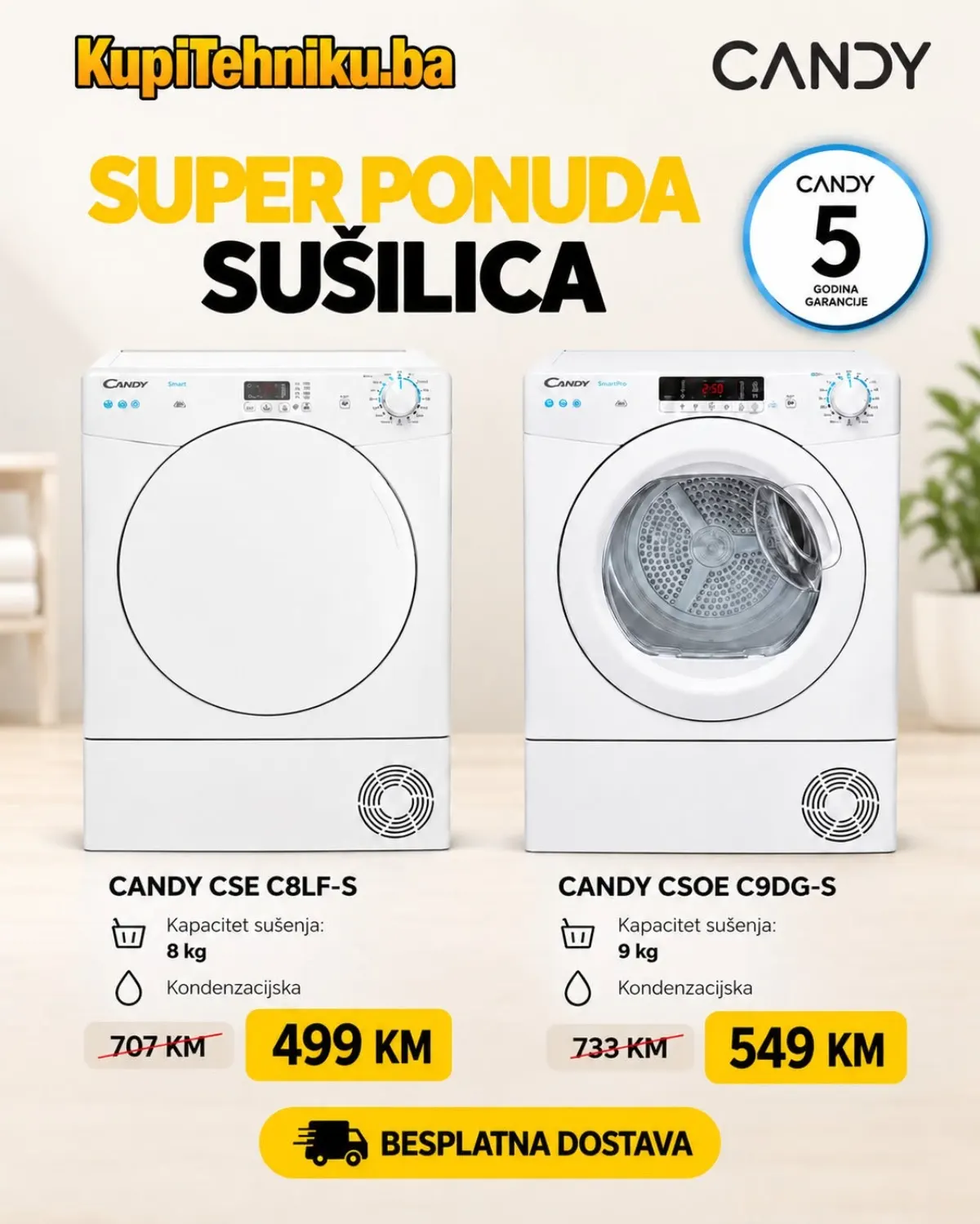 KupiTehniku SUPER ponuda sušilica – Candy CSE C8LF-S 8 kg za 499 KM i Candy CSOE C9DG-S 9 kg za 549 KM