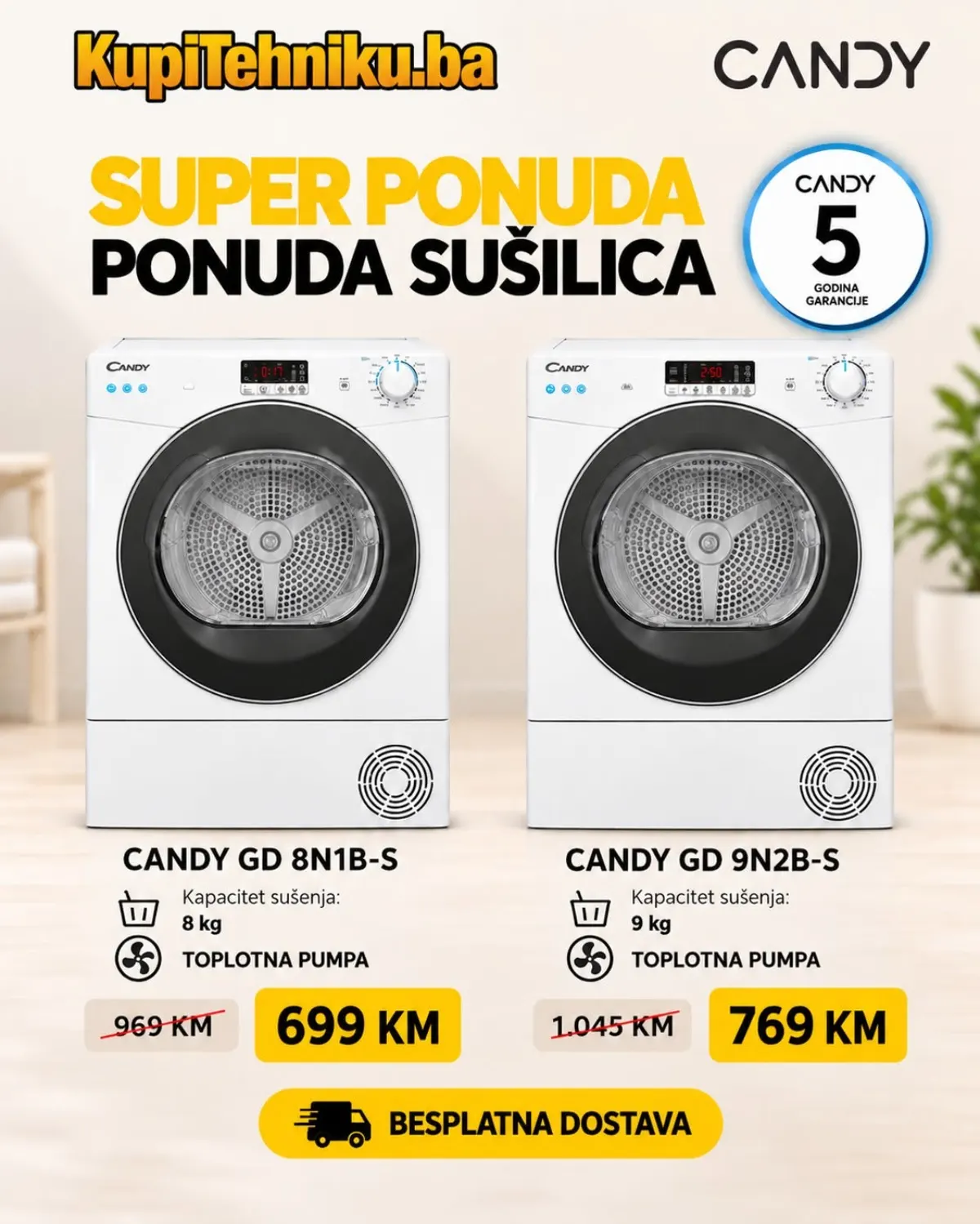KupiTehniku Candy sušilice s toplotnom pumpom – modeli od 8 i 9 kg po cijenama 699 KM i 769 KM