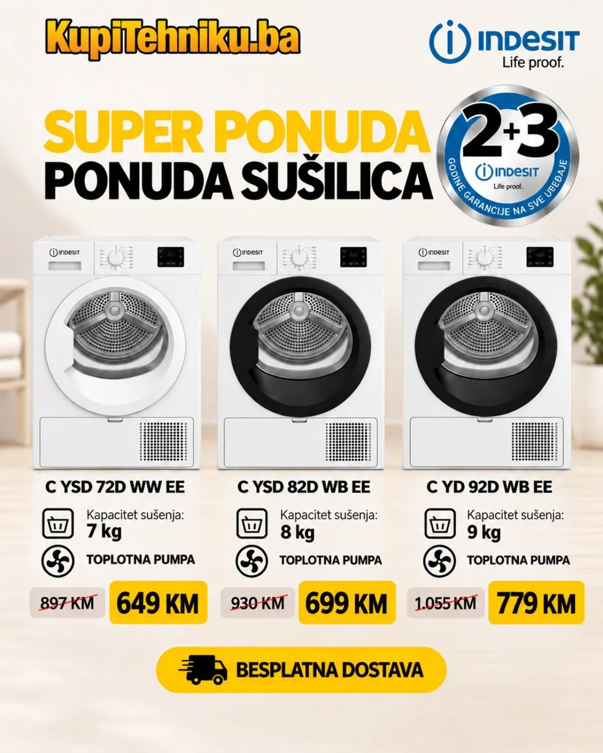 KupiTehniku Indesit sušilice s toplotnom pumpom kapaciteta 7, 8 i 9 kg po akcijskim cijenama od 649 KM