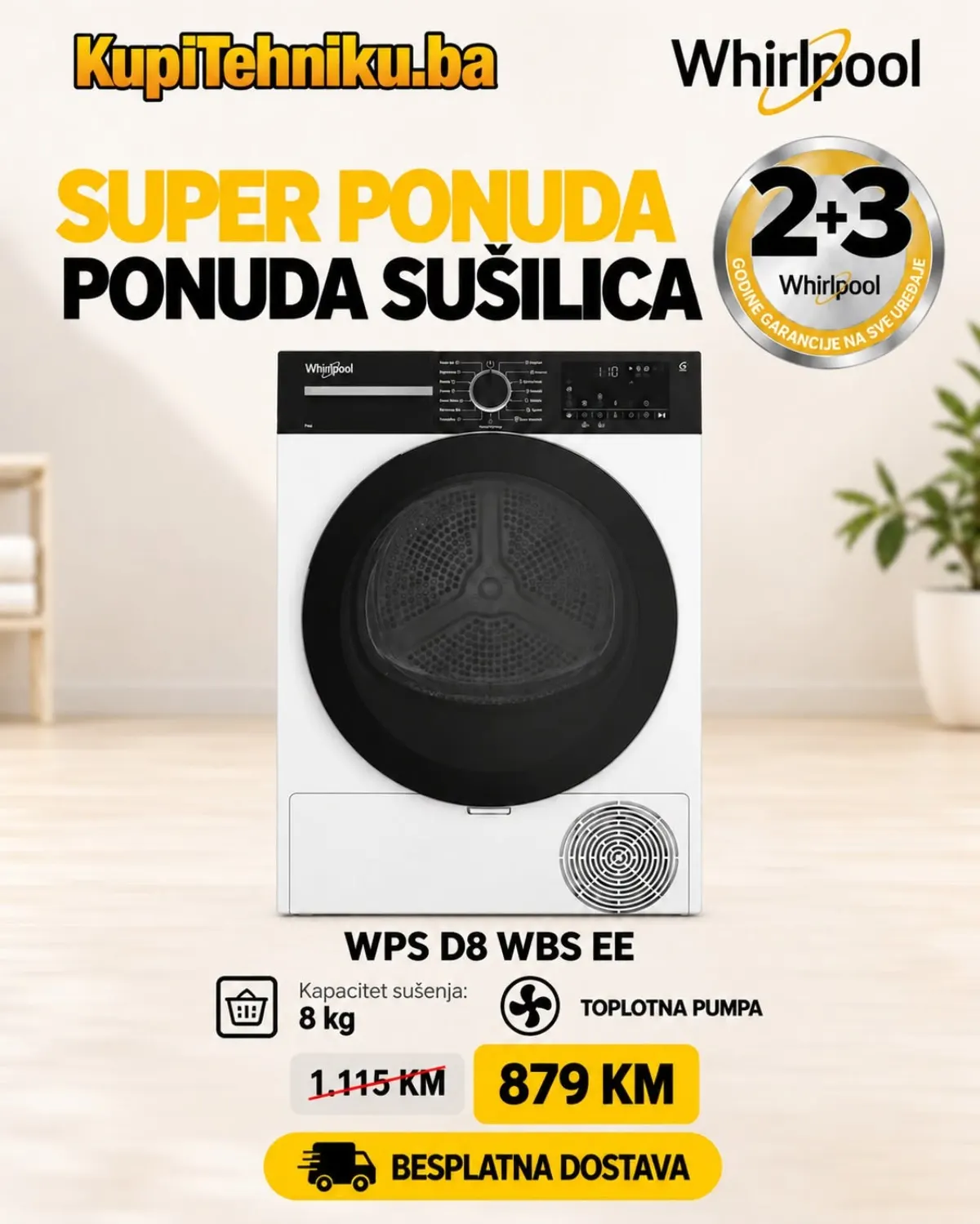 KupiTehniku Whirlpool WPS D8 WBS EE sušilica kapaciteta 8 kg s toplotnom pumpom za 879 KM