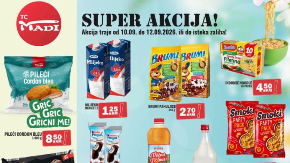 MADI Super akcija od 10.09. do 12.09.2026. donosi prehrambene proizvode, piće, sredstva za domaćinstvo i druge artikle po sniženim cijenama