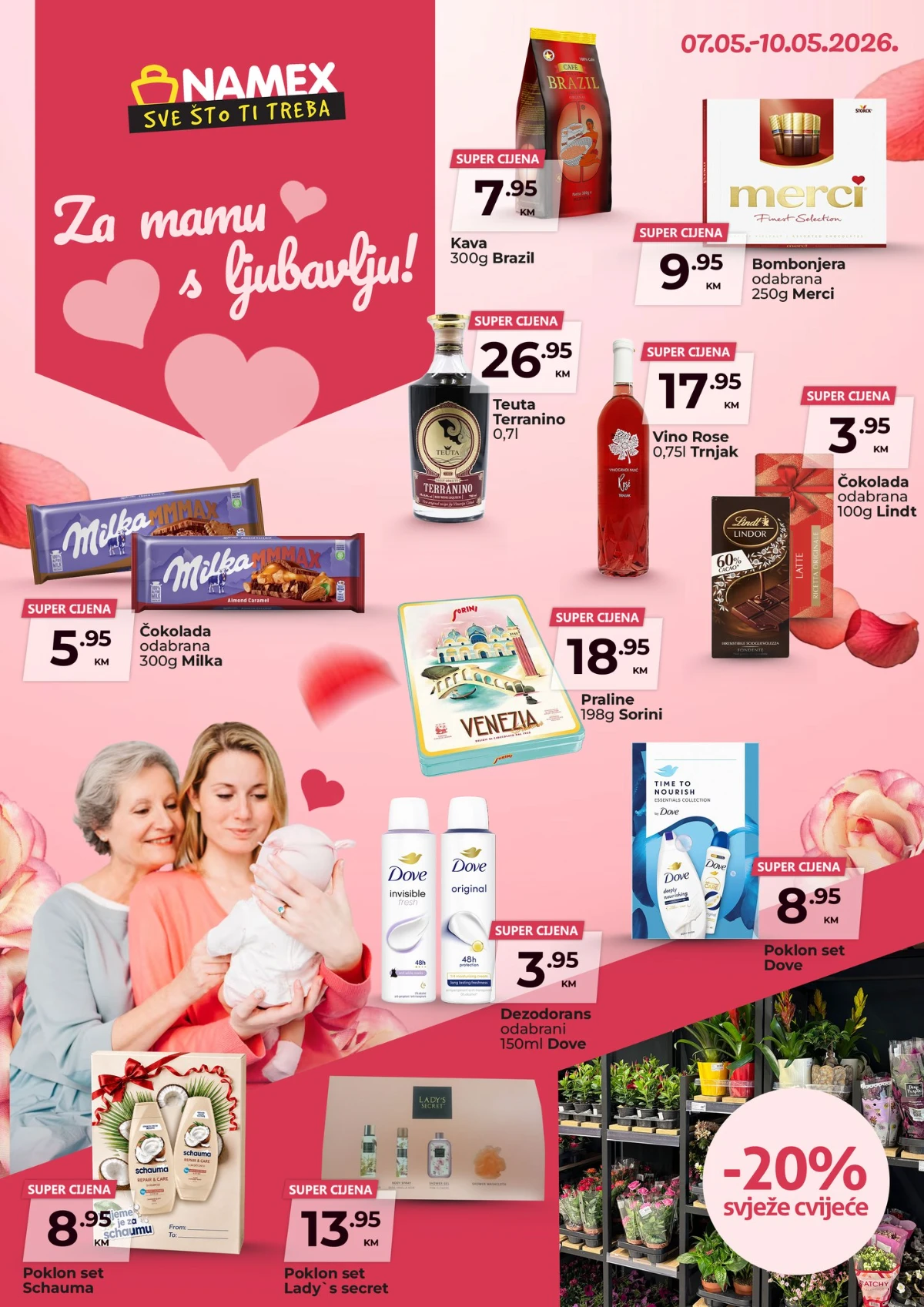 Namex akcija za Dan majki katalog 2026 – Merci, Milka, Dove, poklon setovi i svježe cvijeće do 10.05.2026