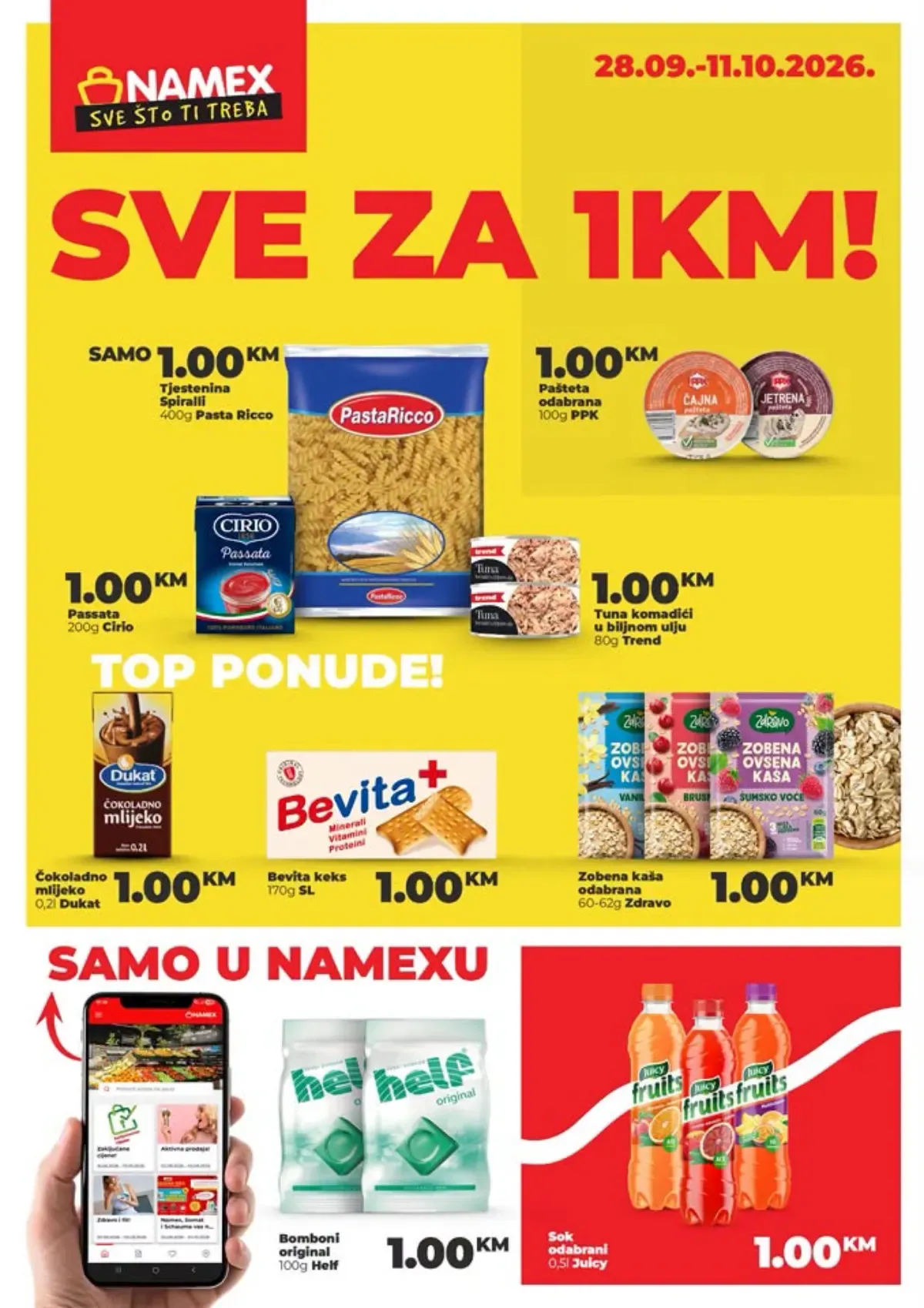 NAMEX Sve za 1 KM akcija od 28.09. do 11.10.2026. – tjestenina, pašteta, tuna, čokoladno mlijeko, keks, zobena kaša, bomboni i sok po 1 KM