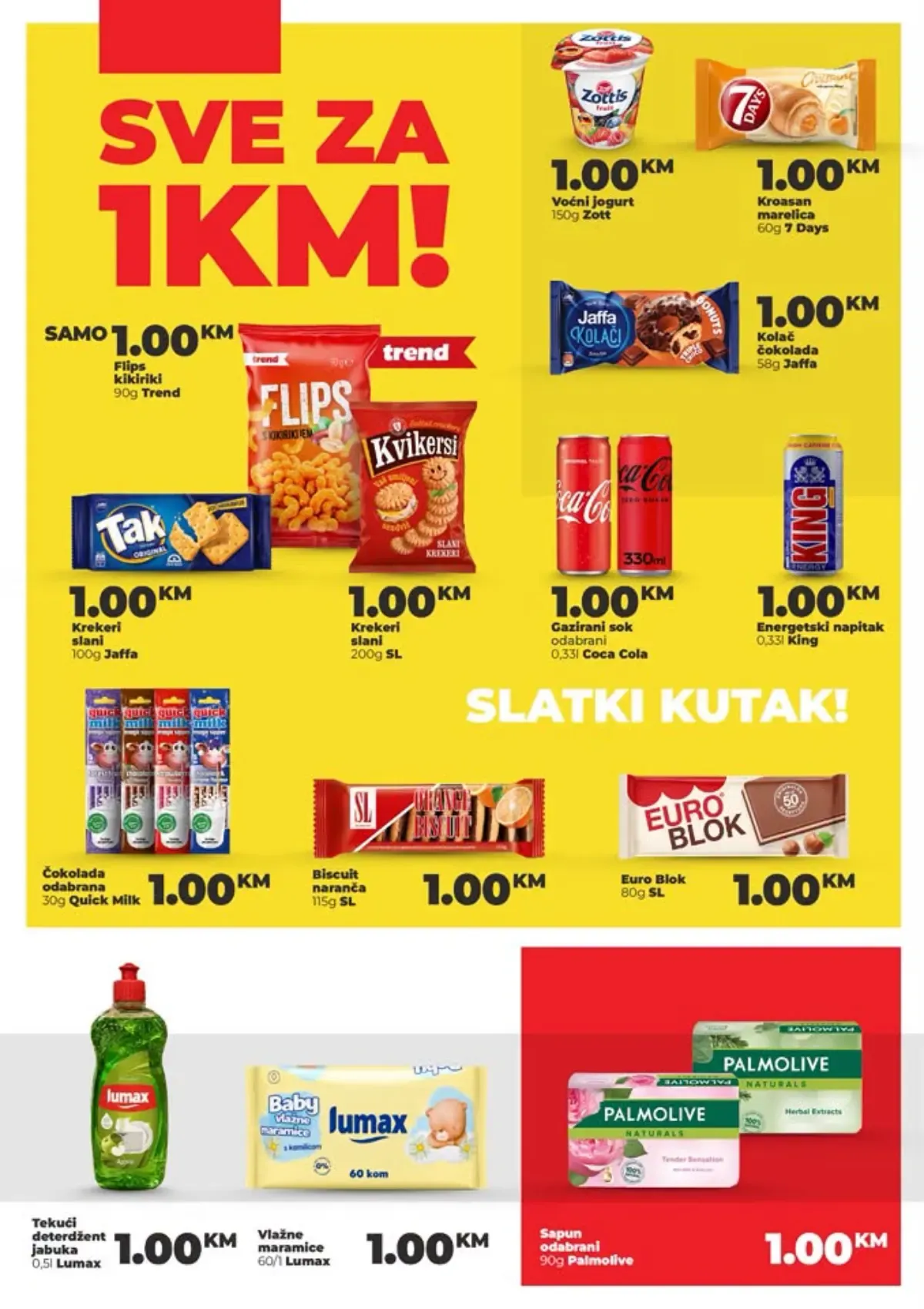 NAMEX Sve za 1 KM do 11.10.2026. – grickalice, jogurt, kroasan, Jaffa kolač, Coca-Cola, energetsko piće, čokolade, deterdžent, maramice i Palmolive sapun po 1 KM