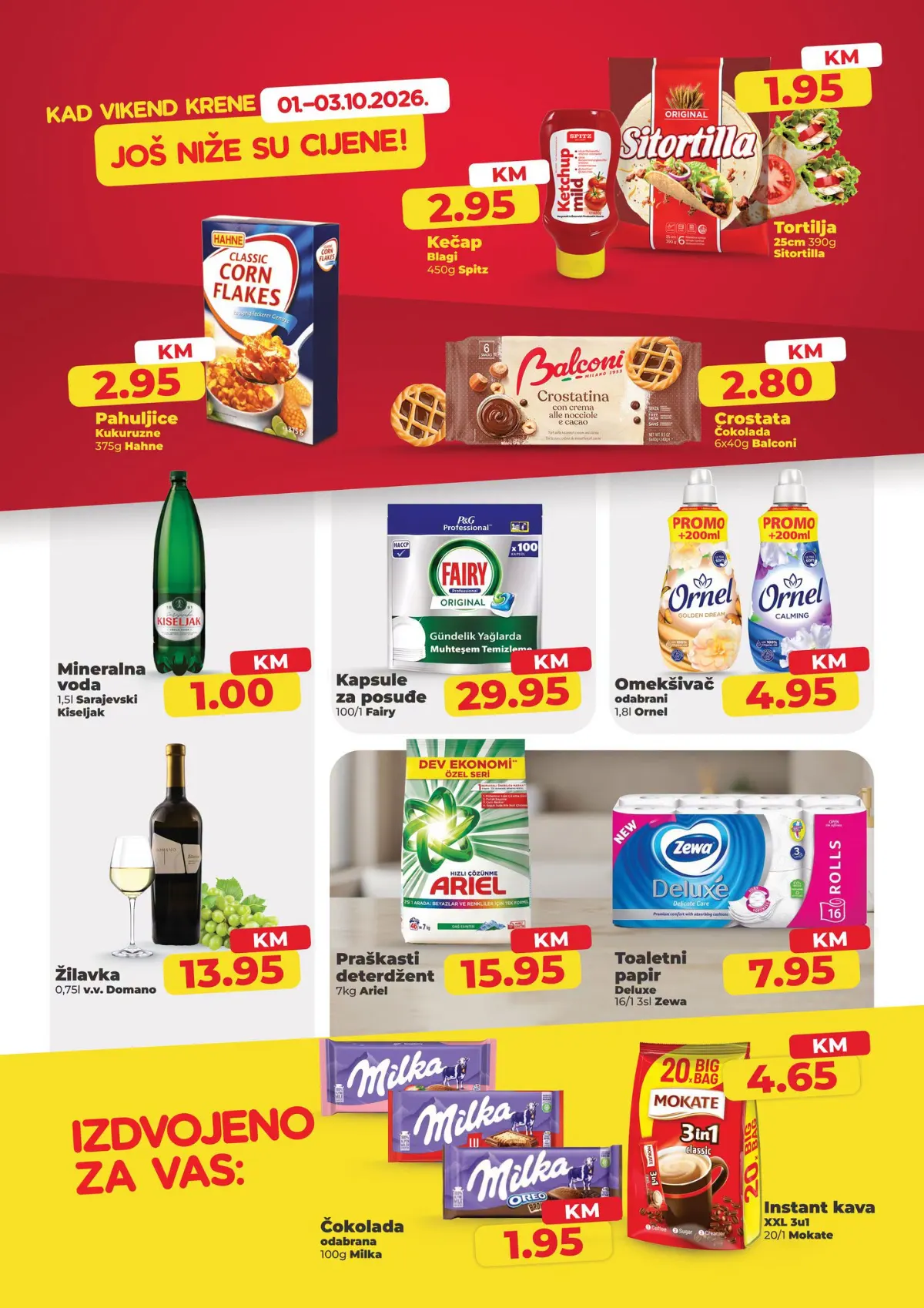 Namex vikend akcija od 1. do 3.10.2026. – pahuljice, kečap, tortilje, Fairy kapsule, Ariel deterdžent i Zewa toaletni papir