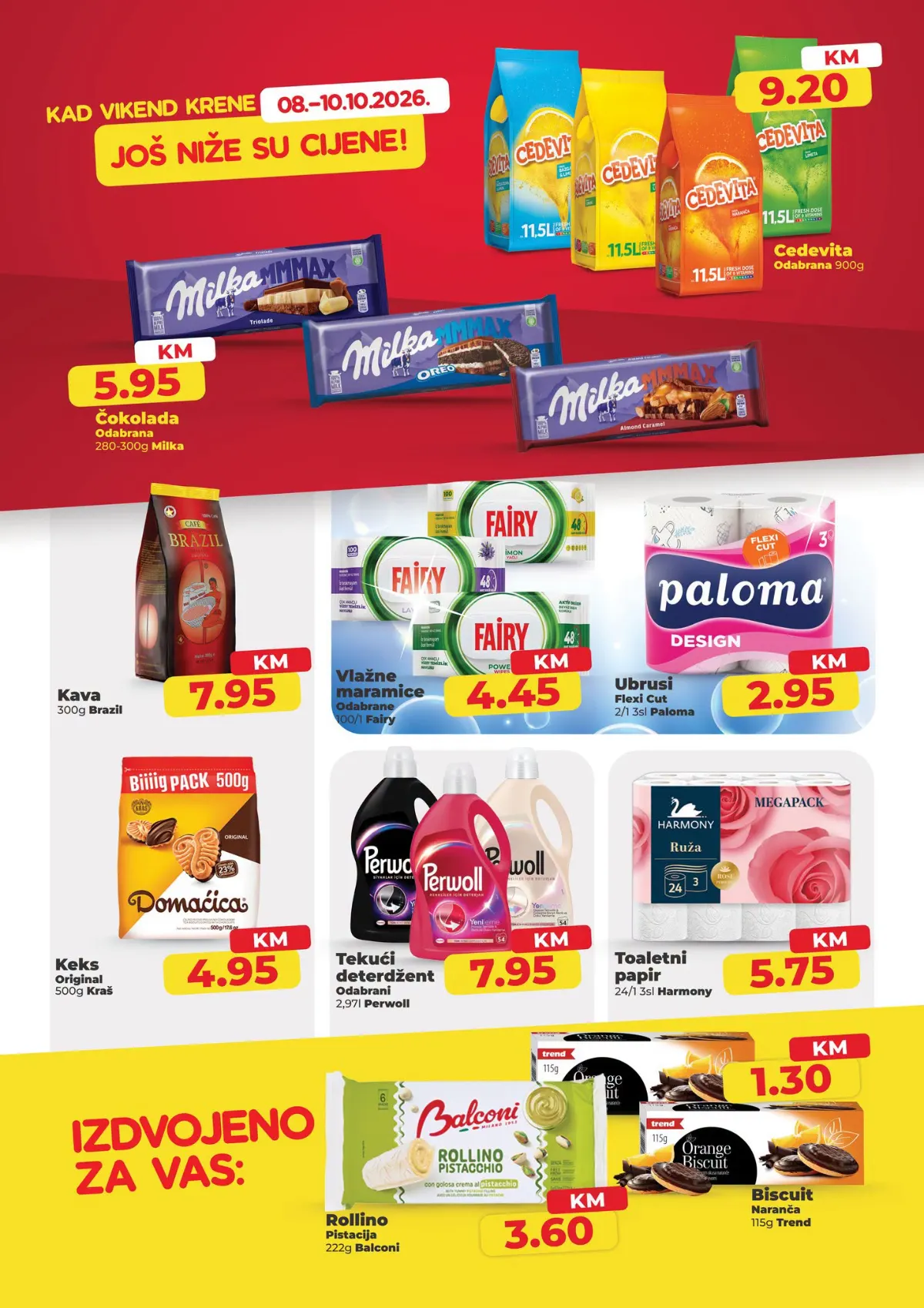 Namex vikend akcija od 08. do 10.10.2026. – Milka čokolade 5,95 KM, Cedevita 9,20 KM, Brazil kafa 7,95 KM, Perwoll 7,95 KM i Harmony toaletni papir 5,75 KM
