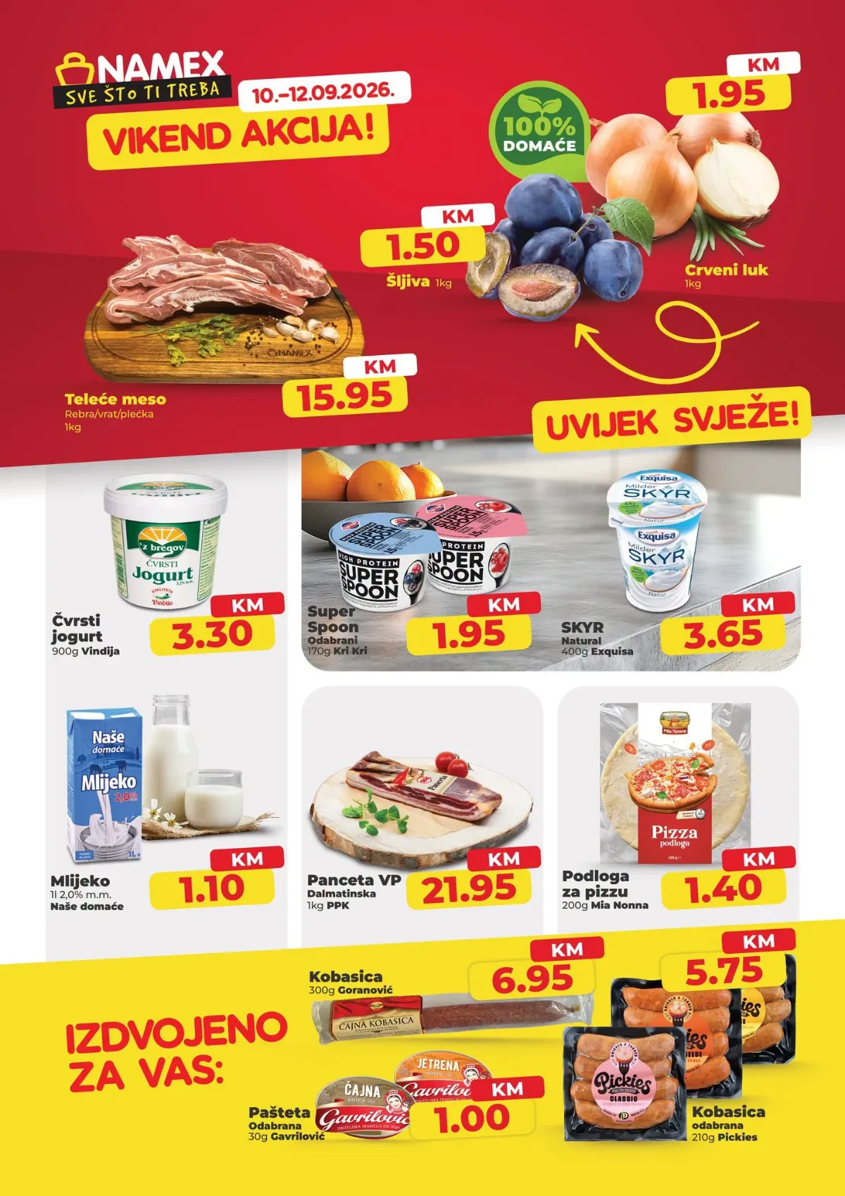Namex vikend akcija od 10.09. do 12.09.2026. – teletina, šljive, crveni luk, jogurt, mlijeko, suhomesnati proizvodi i druge ponude