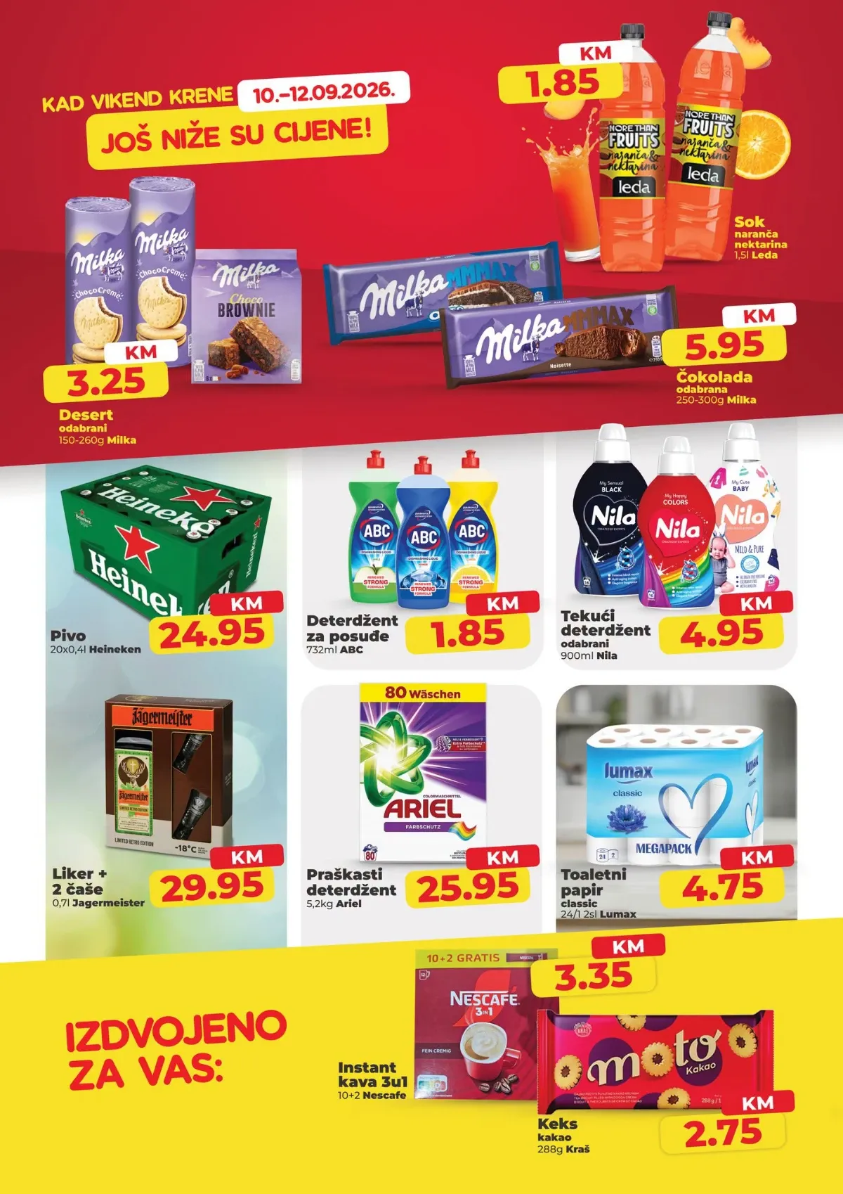 Namex vikend akcija do 12.09.2026. – Milka proizvodi, sokovi, Heineken, deterdženti, Ariel, toaletni papir i druge ponude