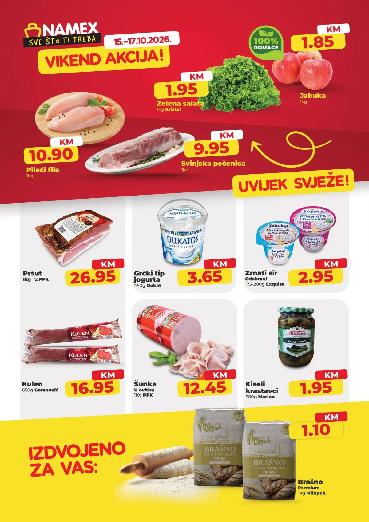 NAMEX vikend akcija od 15. do 17.10.2026. – akcijske cijene mesa, voća, povrća, mliječnih proizvoda i prehrambenih namirnica