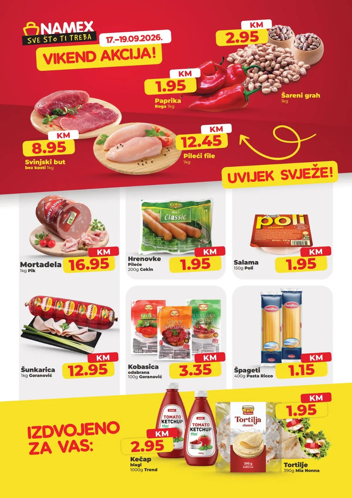 Namex vikend akcija od 17. do 19.09.2026. – svinjski but, pileći file, paprika, šareni grah, suhomesnati proizvodi i druge ponude