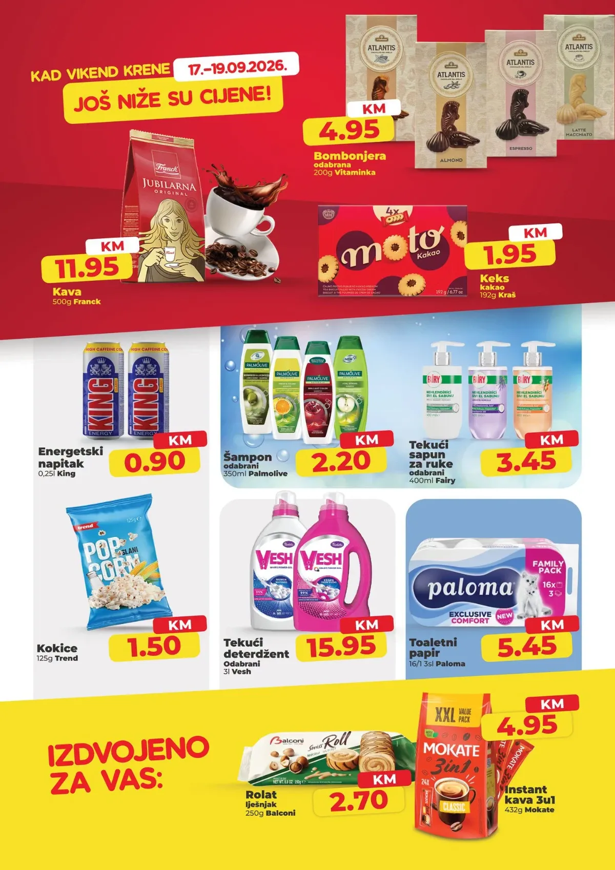 Namex vikend akcija do 19.09.2026. – Franck Jubilarna kafa, Vitaminka bombonjere, Kraš Moto keks, Palmolive šamponi i kućna hemija na akciji